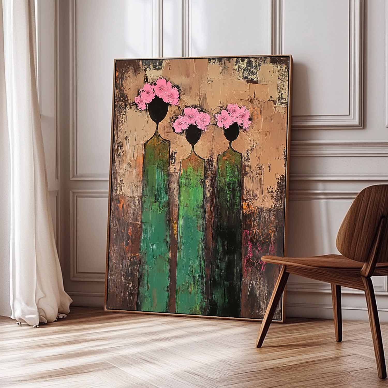 Abstract Simple Characters Artwork Original Retro Painting Pink And Green Modern People Silhouette Wall Art