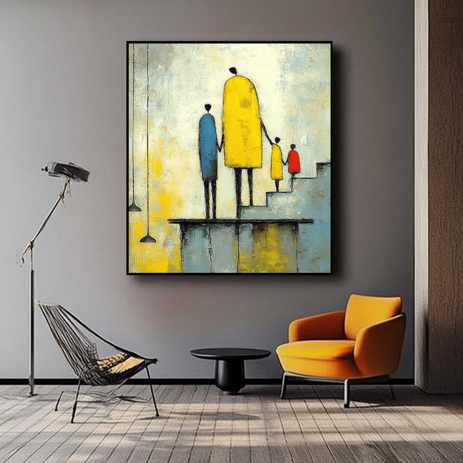 Original Neutral Background Oil Painting Minimalist Family Wall Art Modern City Silhouette Home Decor