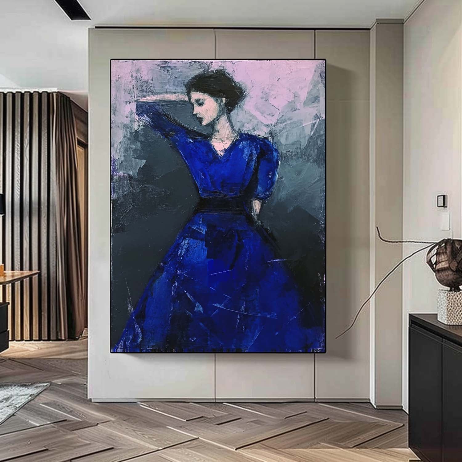 Large Elegantly Lady Artwork Original Purple Acrylic Painting Canvas Abstract Woman Wall Art Framed