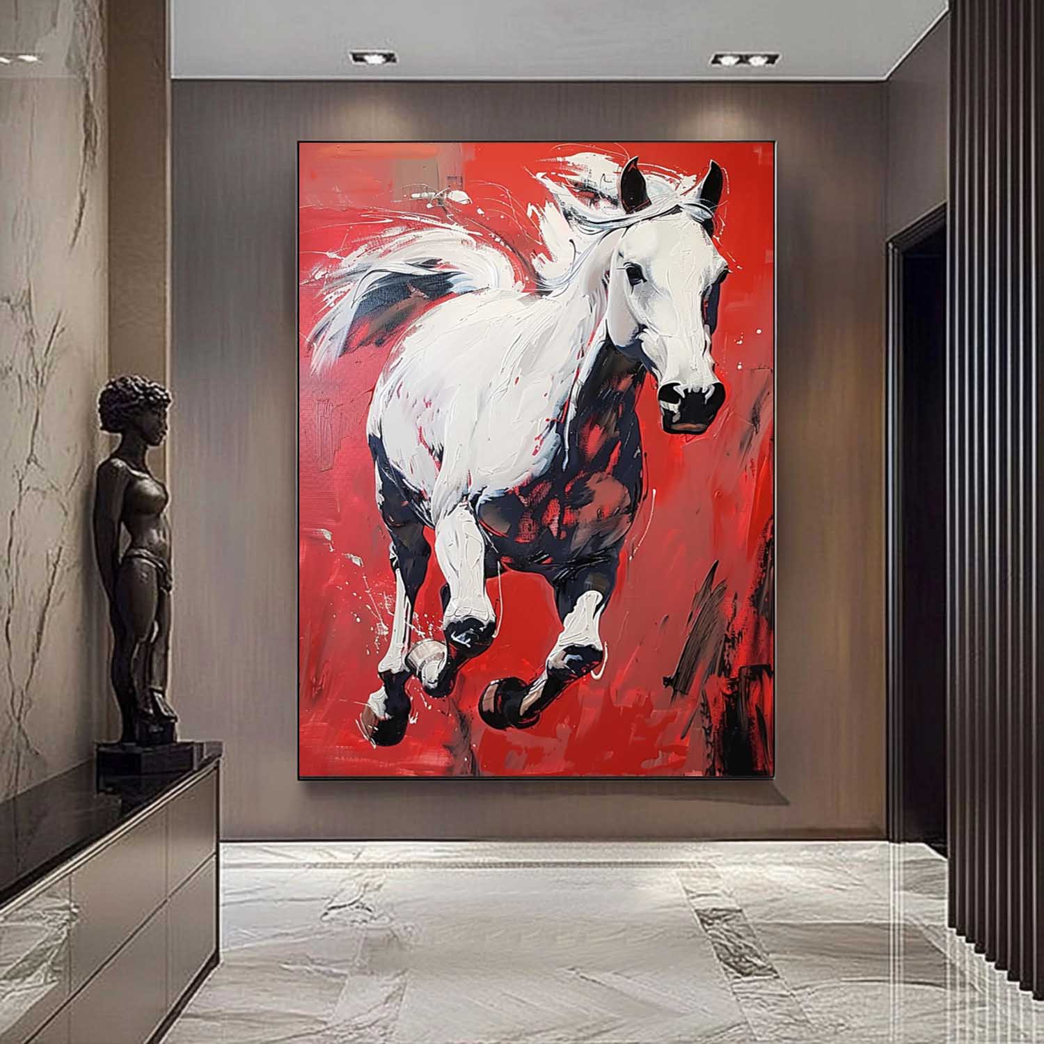 White Horse Oil Painting Modern Red background Texture Animal Oil Painting Impressionist Horse Wall Art Decor