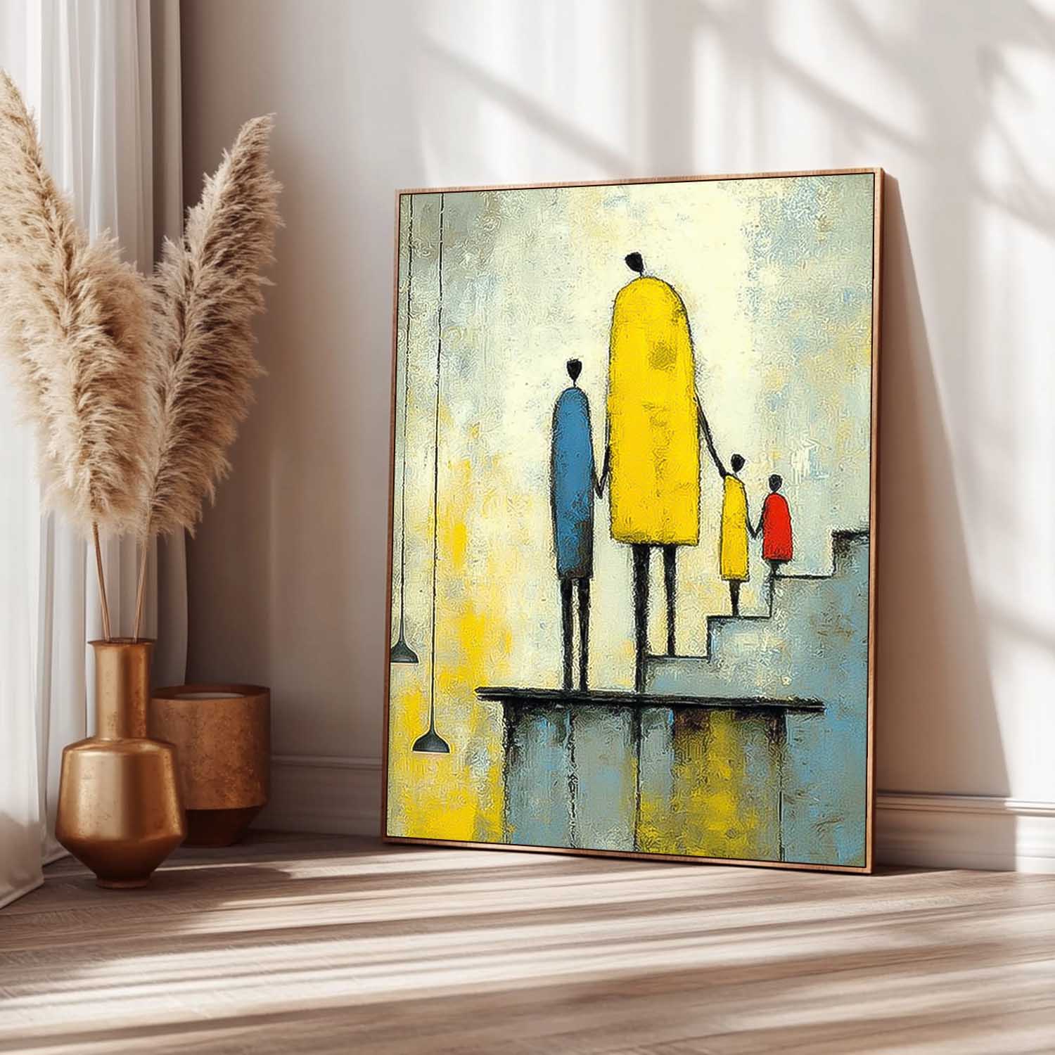 Original Neutral Background Oil Painting Minimalist Family Wall Art Modern City Silhouette Home Decor