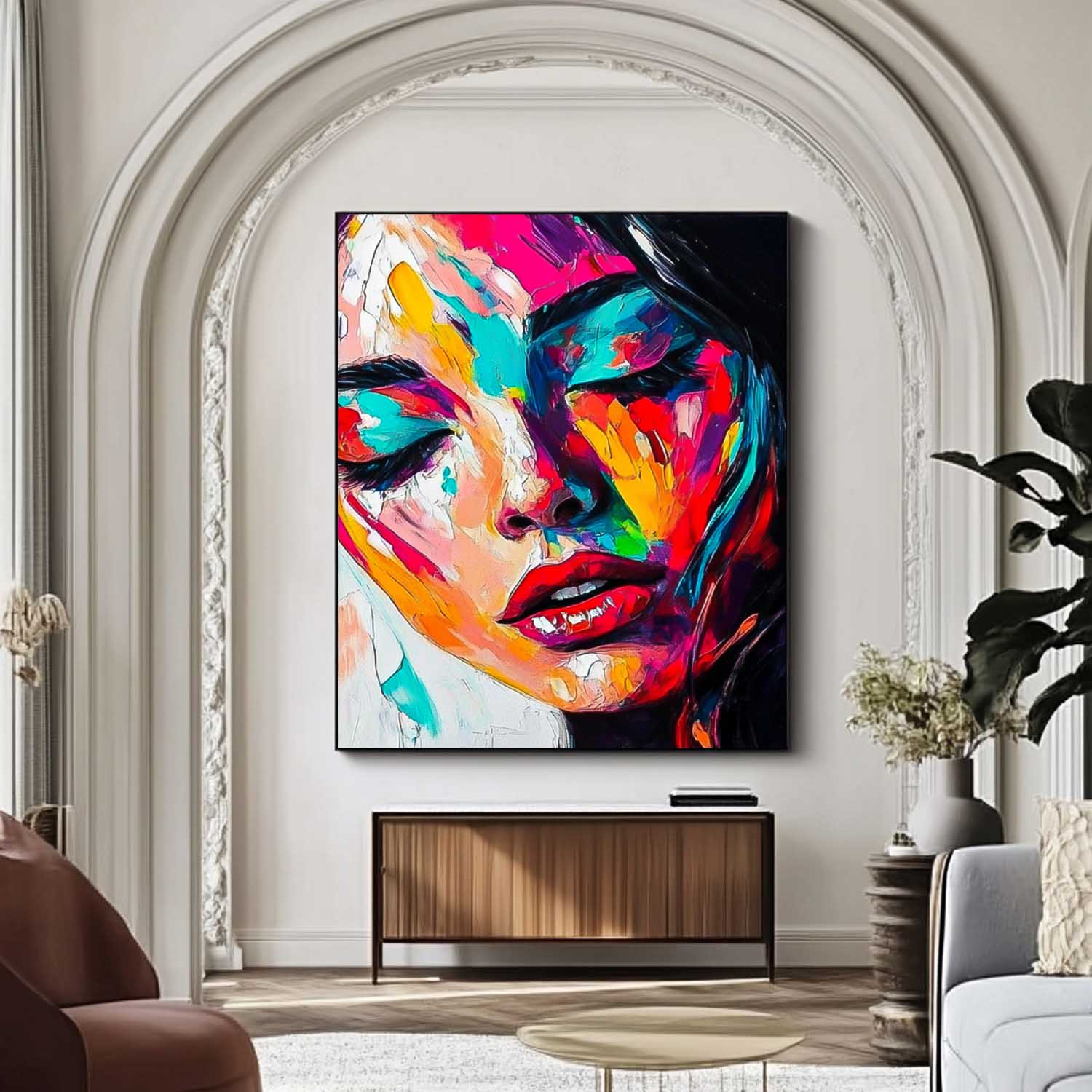 Abstract Woman Wall Art Framed Original Acrylic Painting Canvas Large Colorful Lady Face Artwork