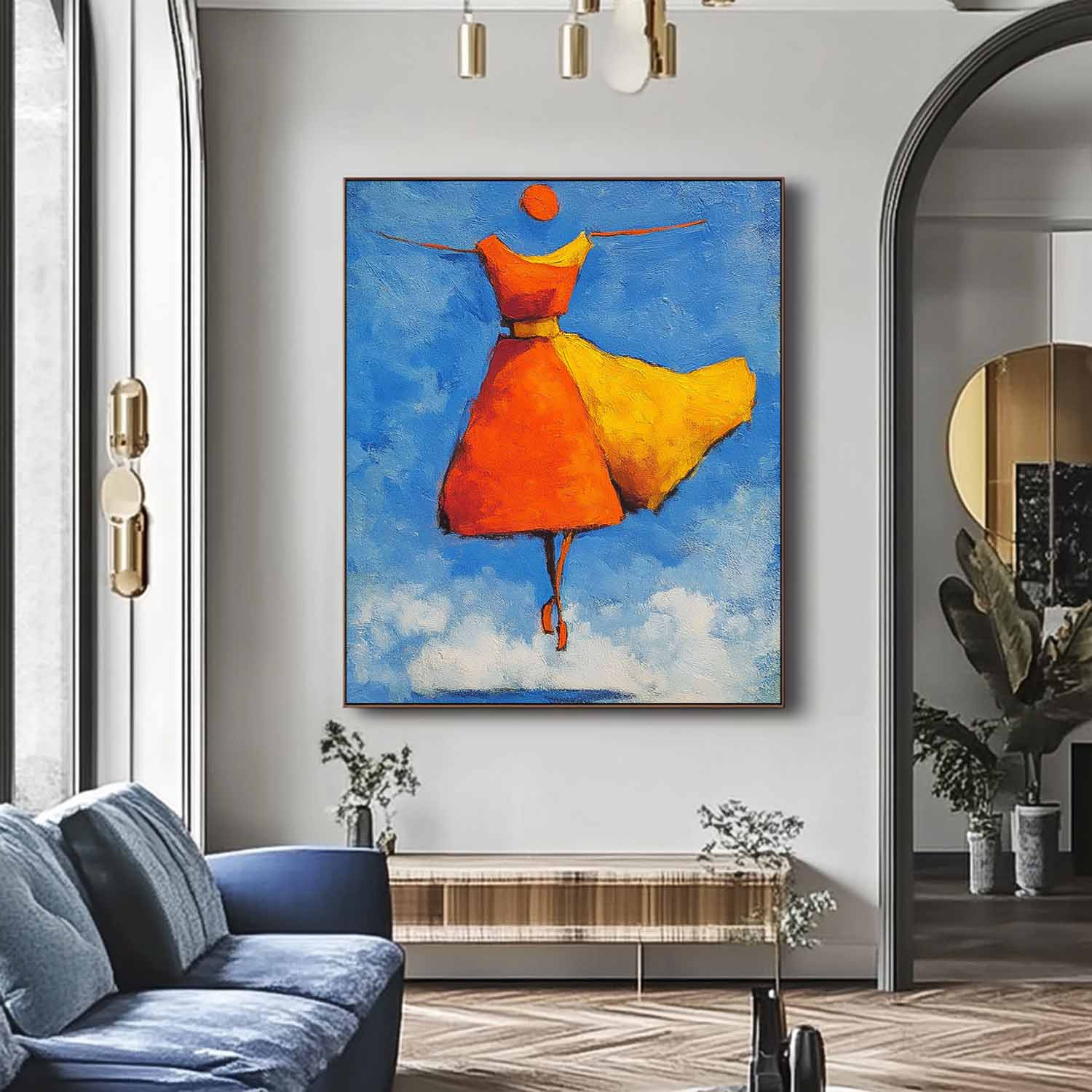Modern Orange Skirt Framed Minimalist People Silhouette Wall Art Original Vibrant Color Oil Painting 