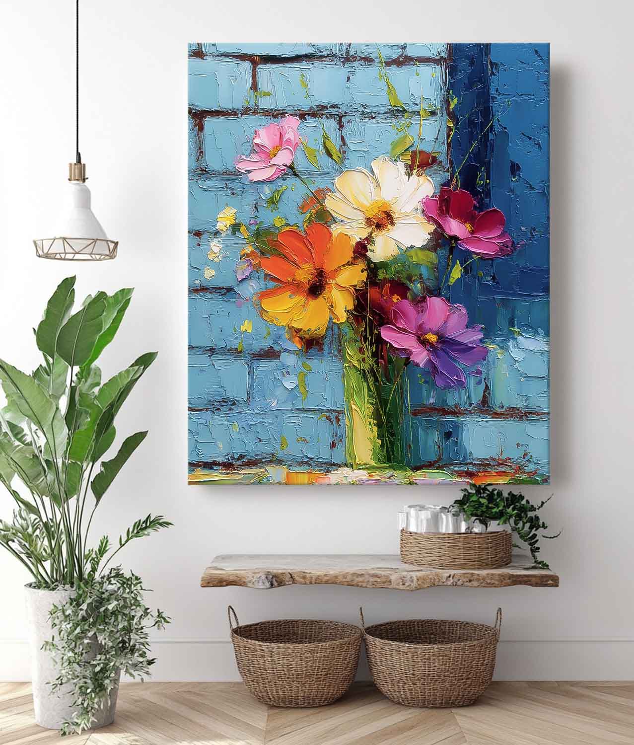 Vertical Textured Floral Oil Painting Modern Impasto Wildflowers Wall Art 3D Palette Knife Floral Decor