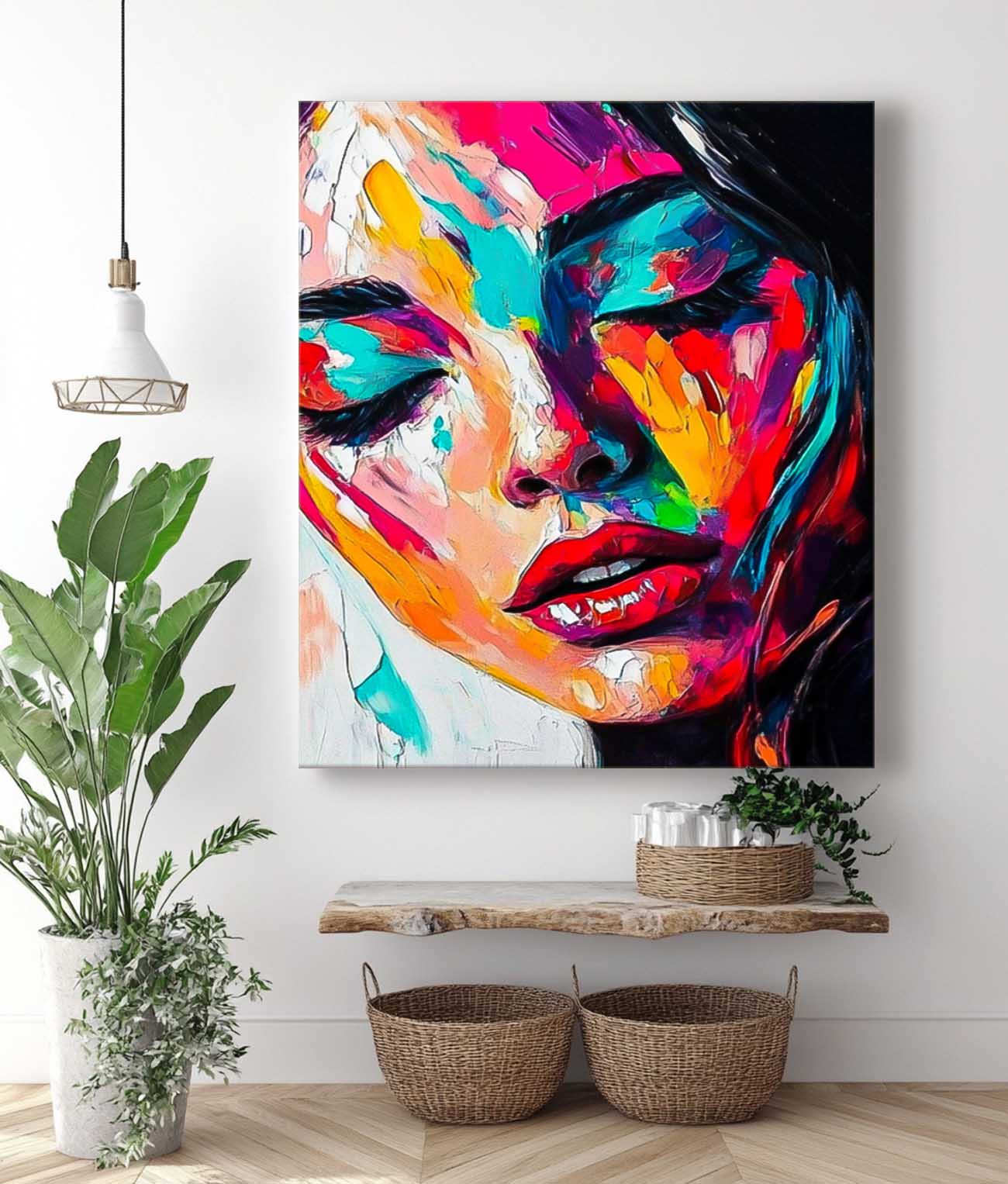 Abstract Woman Wall Art Framed Original Acrylic Painting Canvas Large Colorful Lady Face Artwork