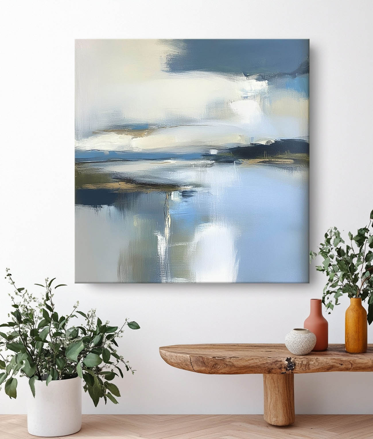 Abstract Lake Landscape Oil Painting Blue Landscape Artwork Large Blue Texture Wall Art Framed Home Decor