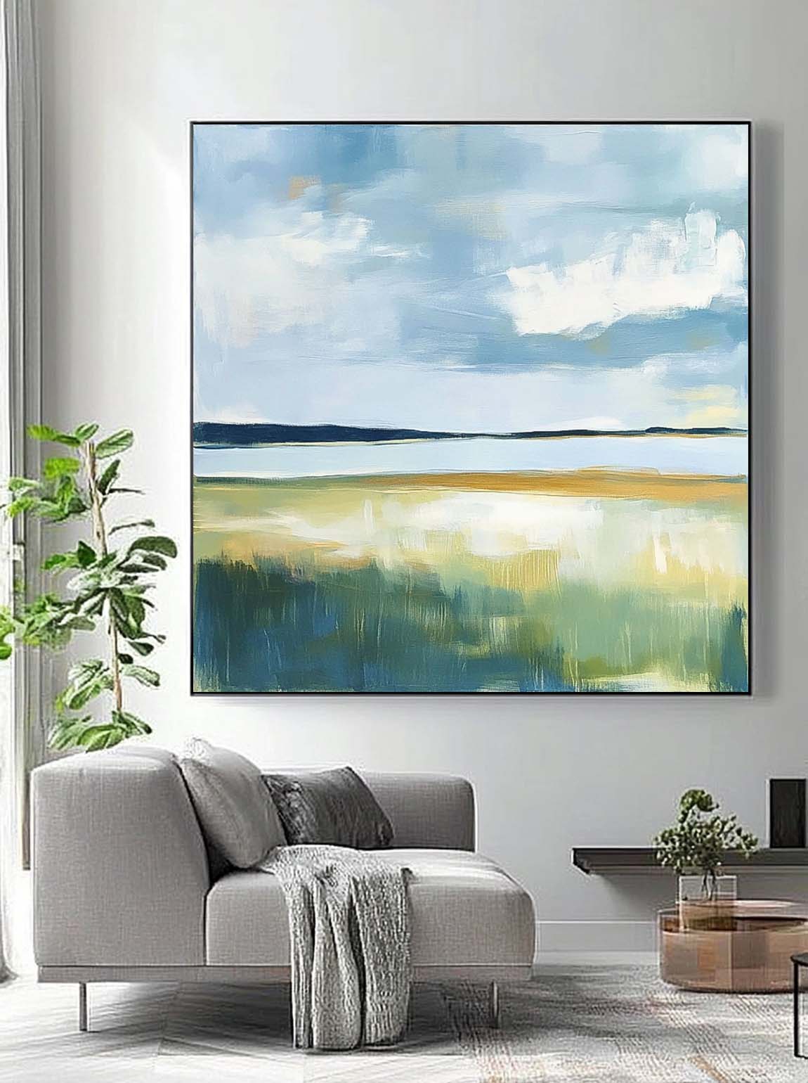 Abstract Lake Landscape Oil Painting Green Countryside Landscape Artwork Large Blue Texture Wall Art Framed