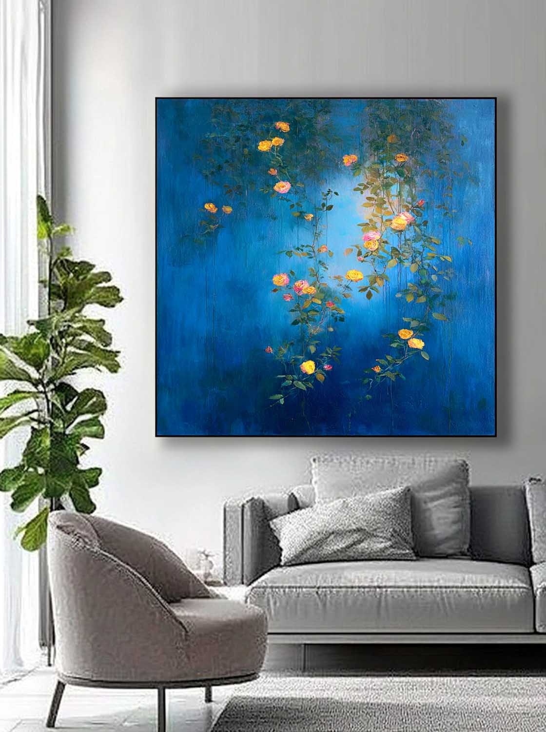 Original Floral Wall Art Canvas Vibrant Yellow & Pink Roses On Deep Blue Background Modern Boho Living Room