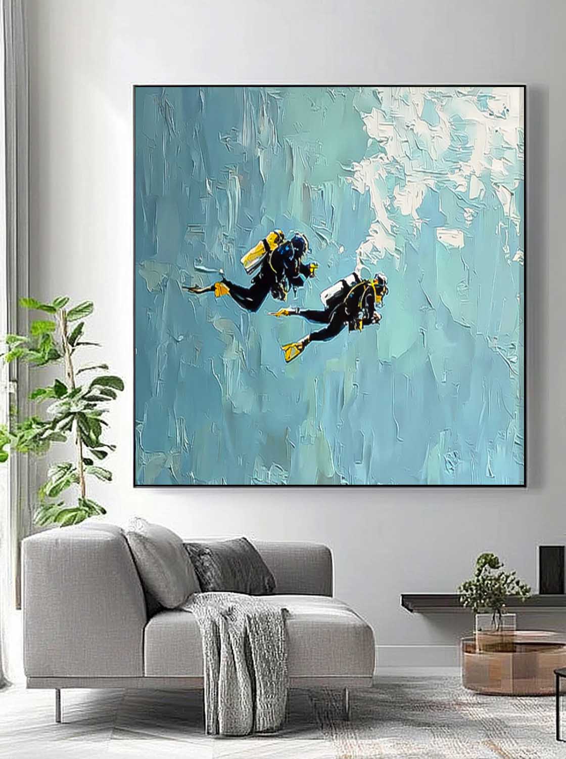 Large Ocean Painting Blue Texture Painting Minimalist Diving Art Abstract Underwater Artwork Diving Gifts 