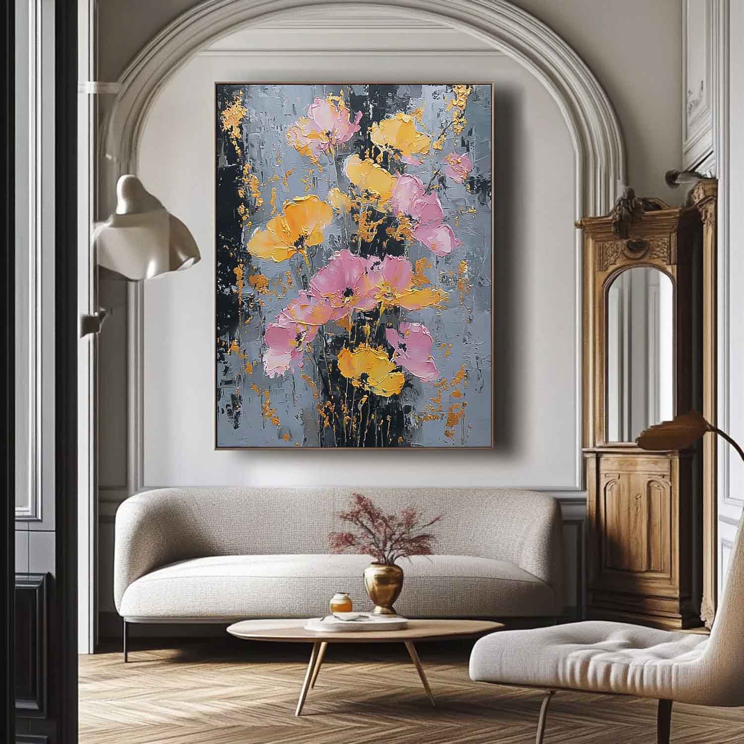 Modern Abstract Floral Oil Painting Pink & Gold Impasto Wall Art Textured Flower Palette Knife Artwork