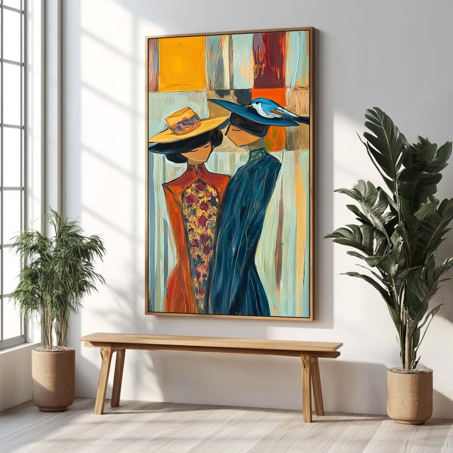 Original Two Fgures Wearing Hats Are Depicted Wall Art Large Painting Framed Abstract Figures Artwork