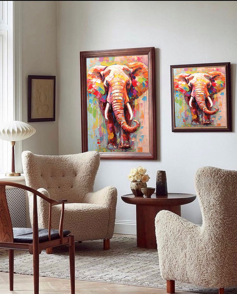 Modern Animal Oil Painting Impressionist Colorful Elephant Oil Painting Textured Canvas Wall Art Framed Living Room Decor