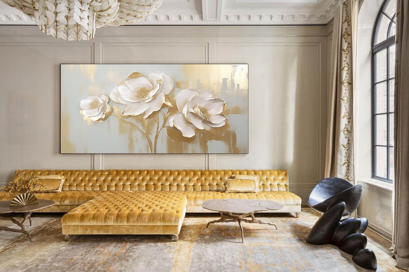 Modern Large Wall Art Textured Flower Acrylic Painting Original White And Gold Painting On Canvas For Living Room