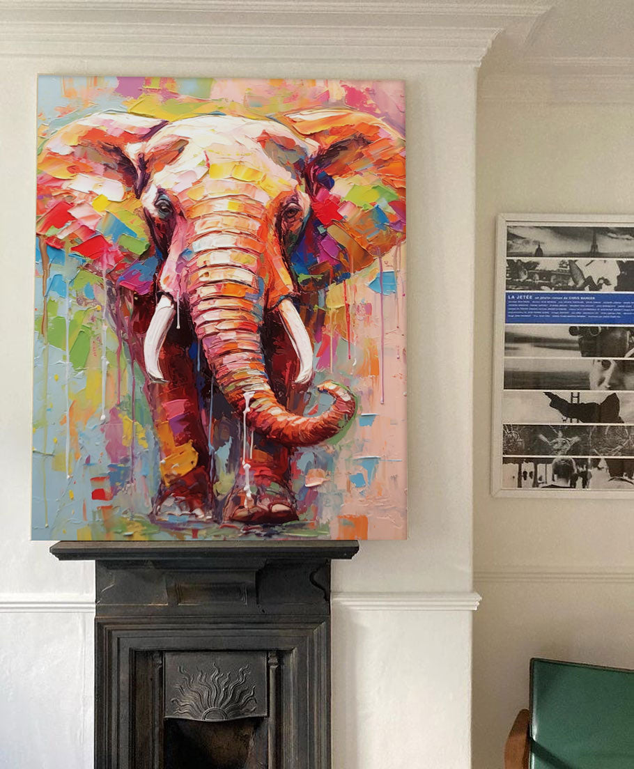 Modern Animal Oil Painting Impressionist Colorful Elephant Oil Painting Textured Canvas Wall Art Framed Living Room Decor