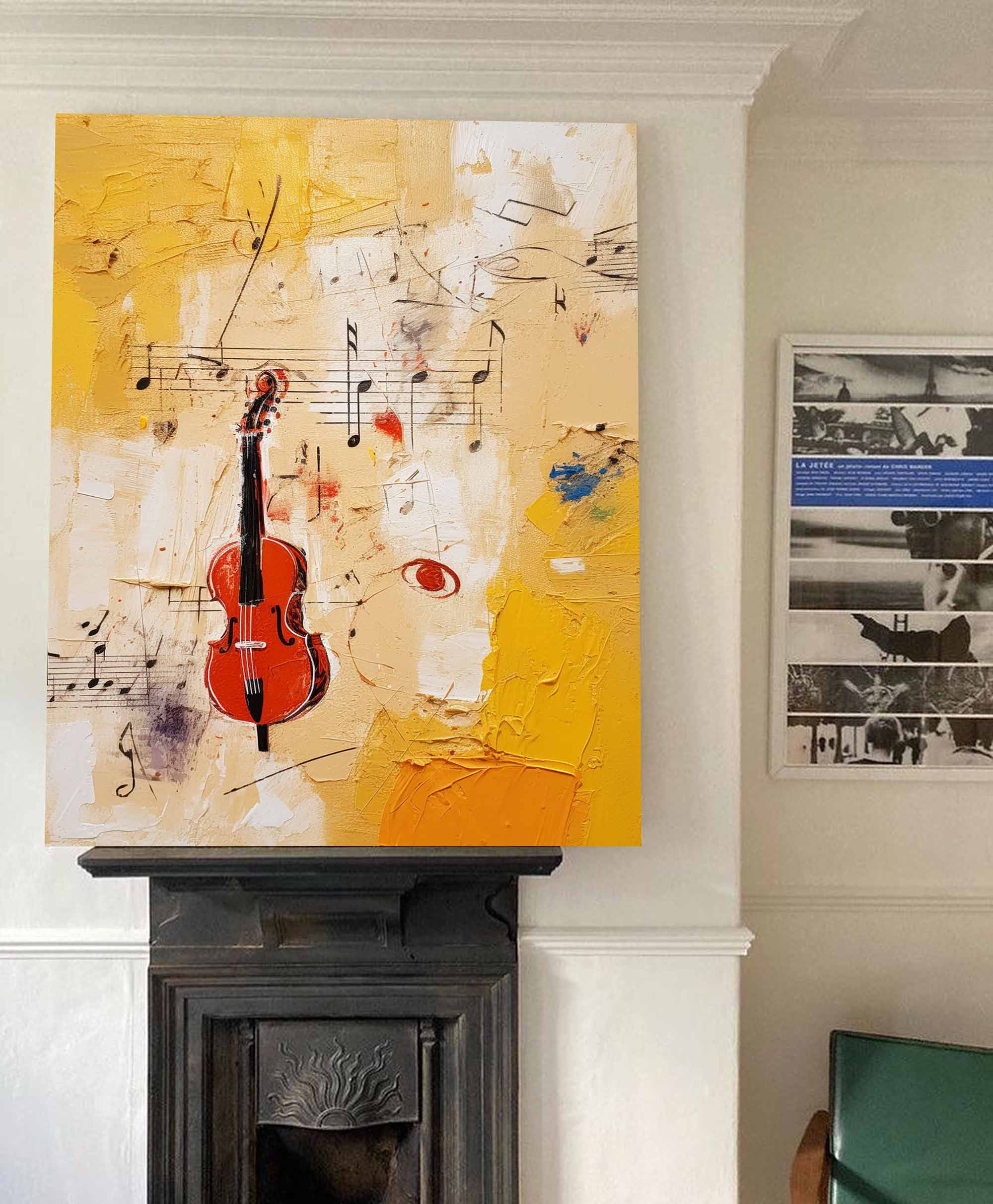 Original Violin Notes Abstract Wall Art Bright Modern Oil Painting Canvas Large Yellow Oil Painting for Home Decor