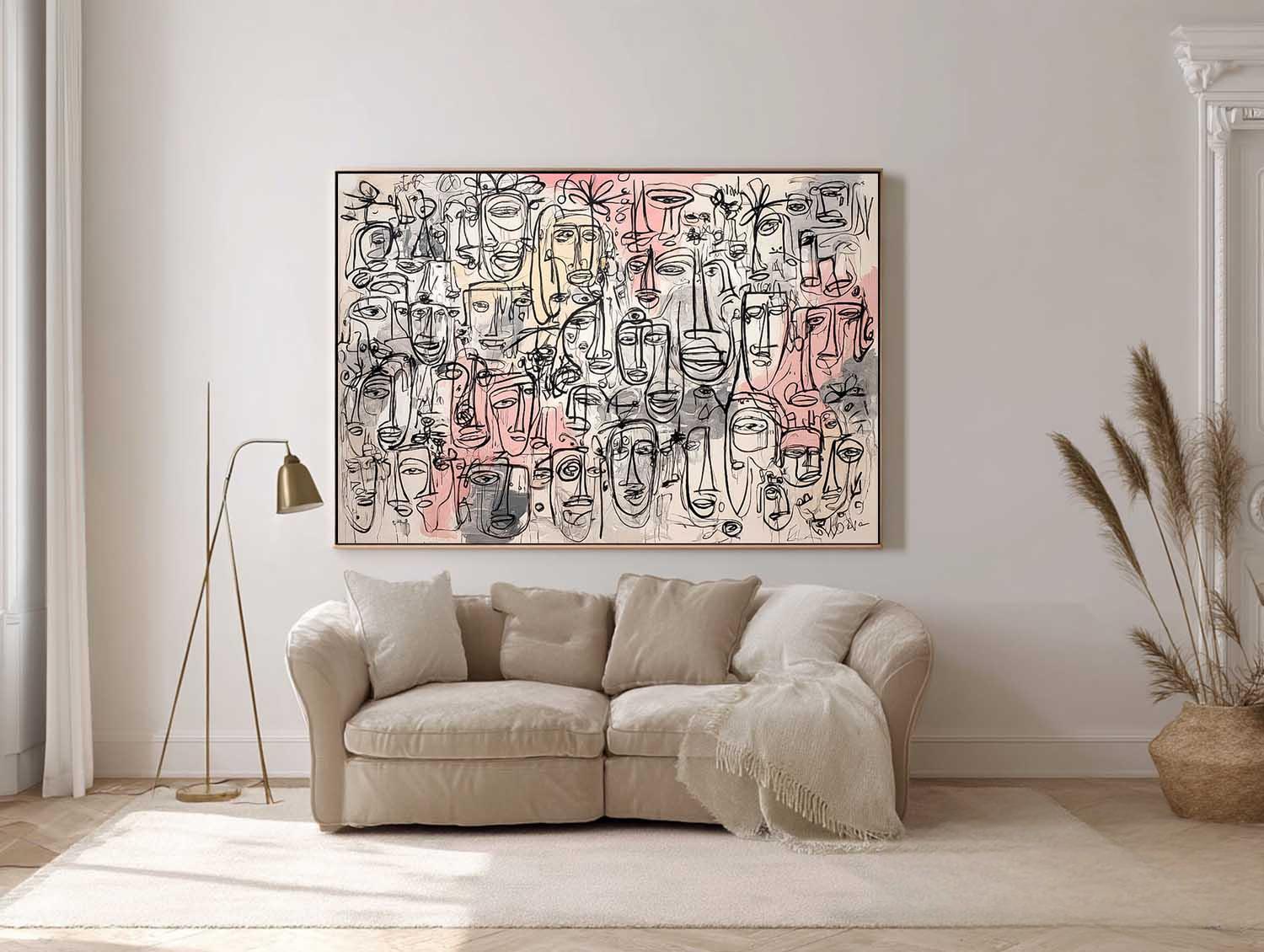 Abstract Line Face Painting Canvas Graffiti Artwork Framed Original Minimalism Modern Style Wall Art