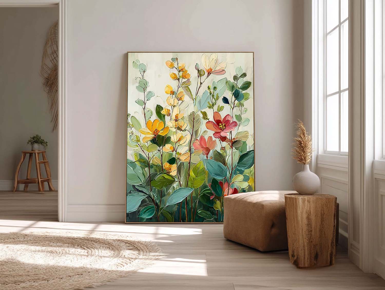Large Flower Abstract Painting Canvas Original Green Artwork Texture Plant Wall Art For Living Room