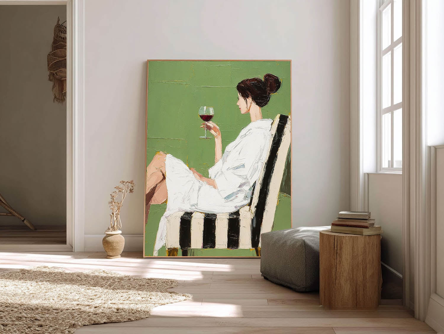 Abstract Lady Tasting Wine Oil Painting Canvas Original Beautiful Woman Wall Art Retro Figure Artwork