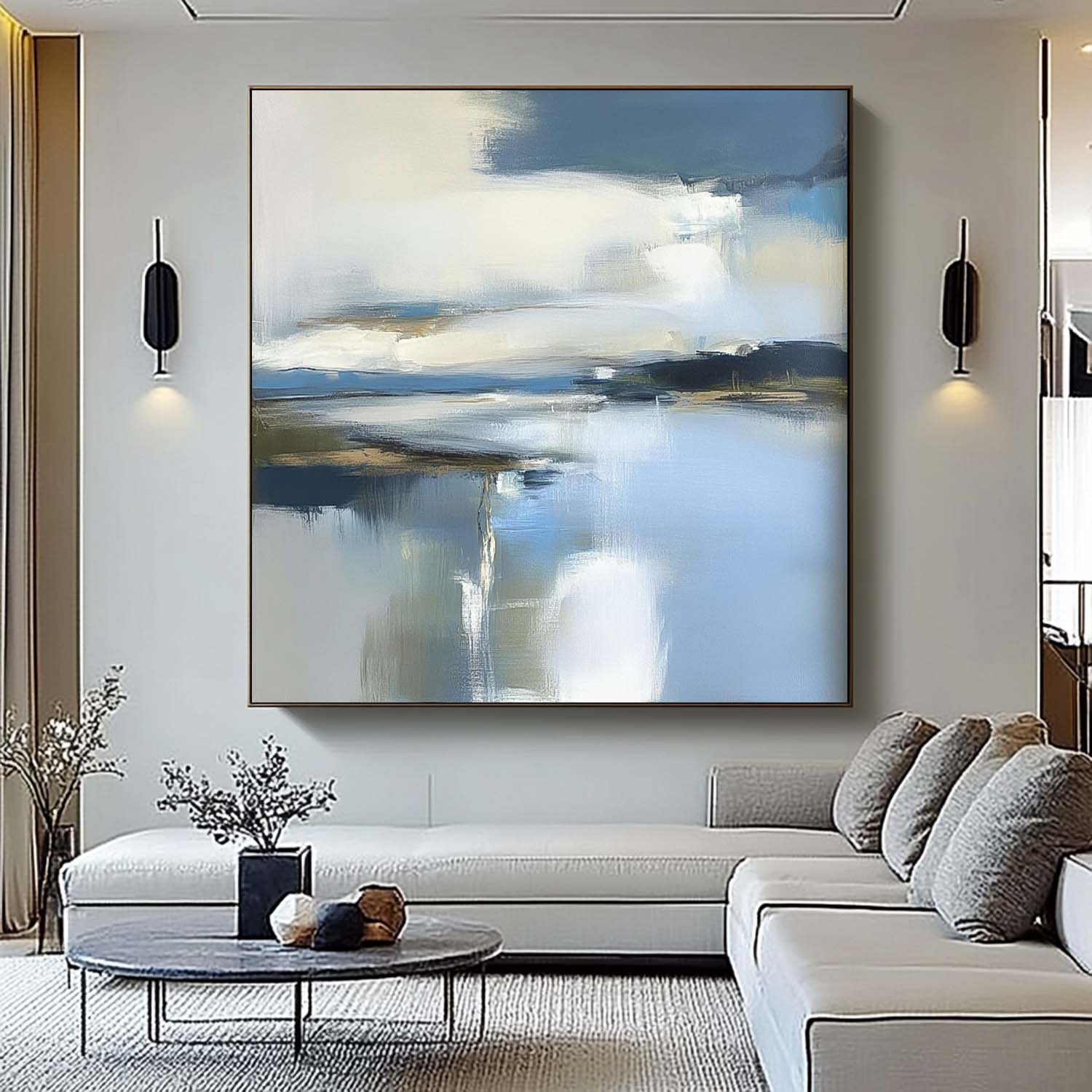 Abstract Lake Landscape Oil Painting Blue Landscape Artwork Large Blue Texture Wall Art Framed Home Decor