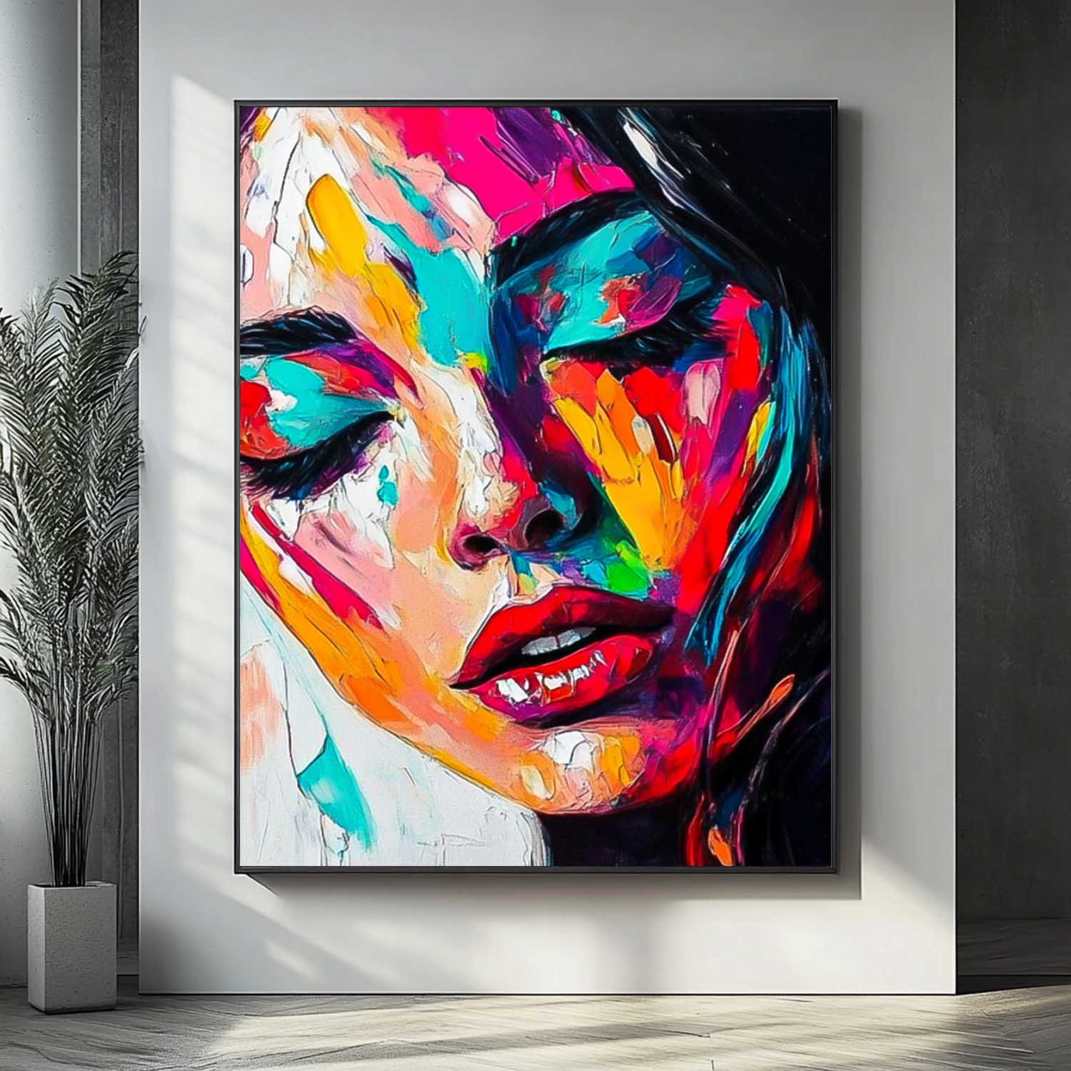 Abstract Woman Wall Art Framed Original Acrylic Painting Canvas Large Colorful Lady Face Artwork
