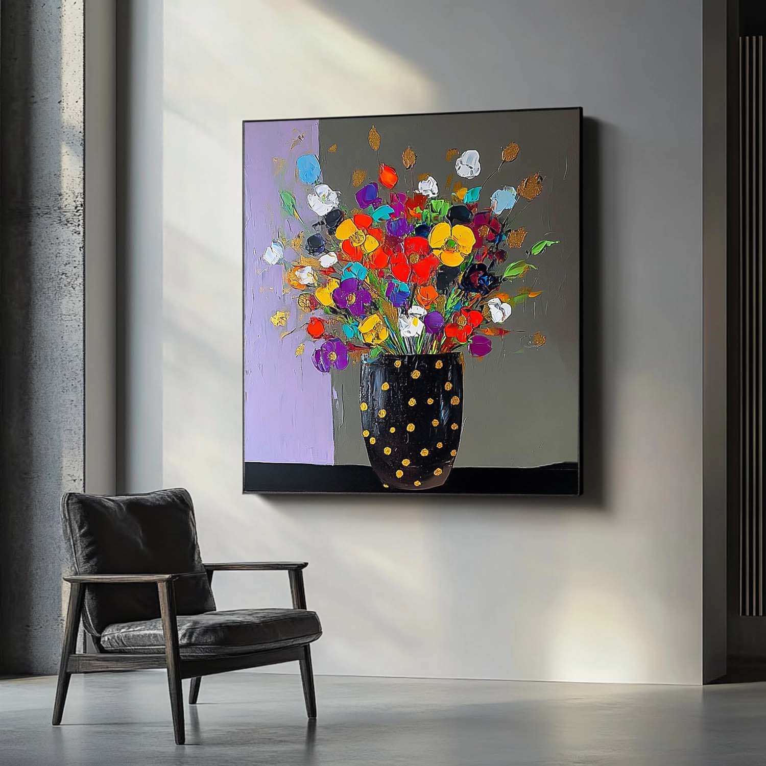 Large Color Handmade Wall Art Original Flower Square Vase Artwork Floral Texture Painting on Canvas