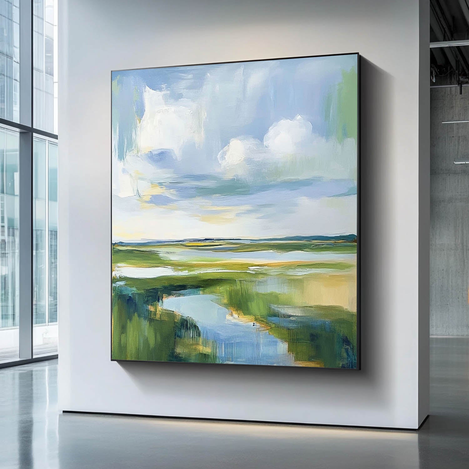 Large Blue Texture Wall Art Framed Abstract Lake Landscape Oil Painting Green Countryside Landscape Artwork