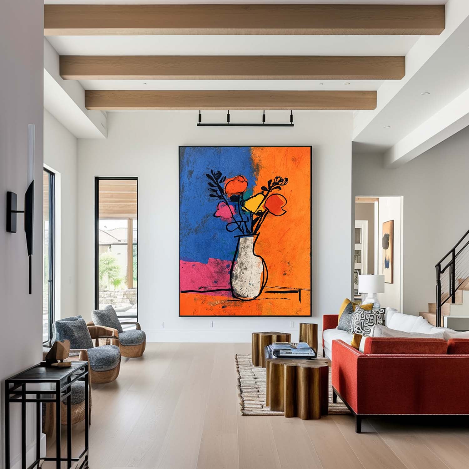 Large Colorful Flower Abstract Painting Canvas Jardiniere Painting Wall Art Original Artwork Decor