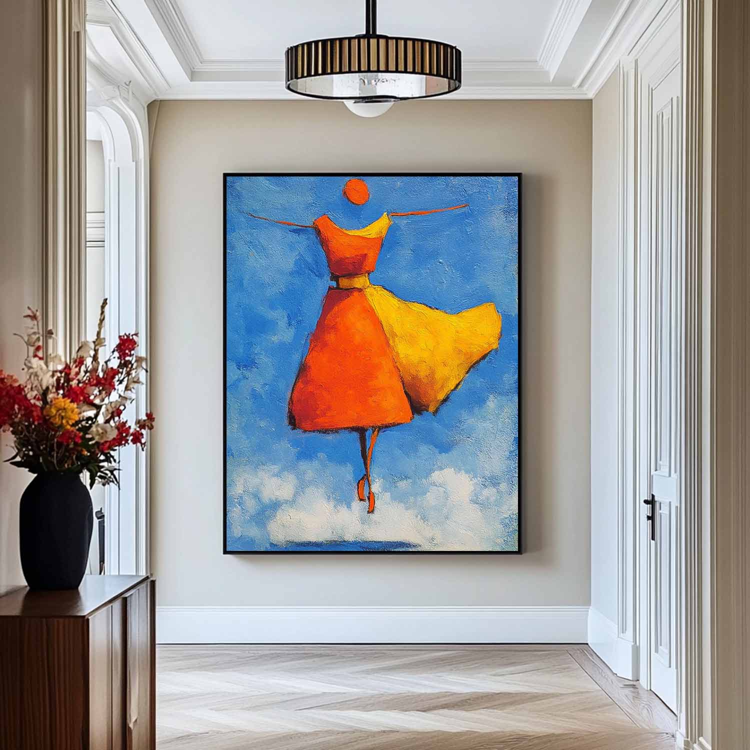 Modern Orange Skirt Framed Minimalist People Silhouette Wall Art Original Vibrant Color Oil Painting 