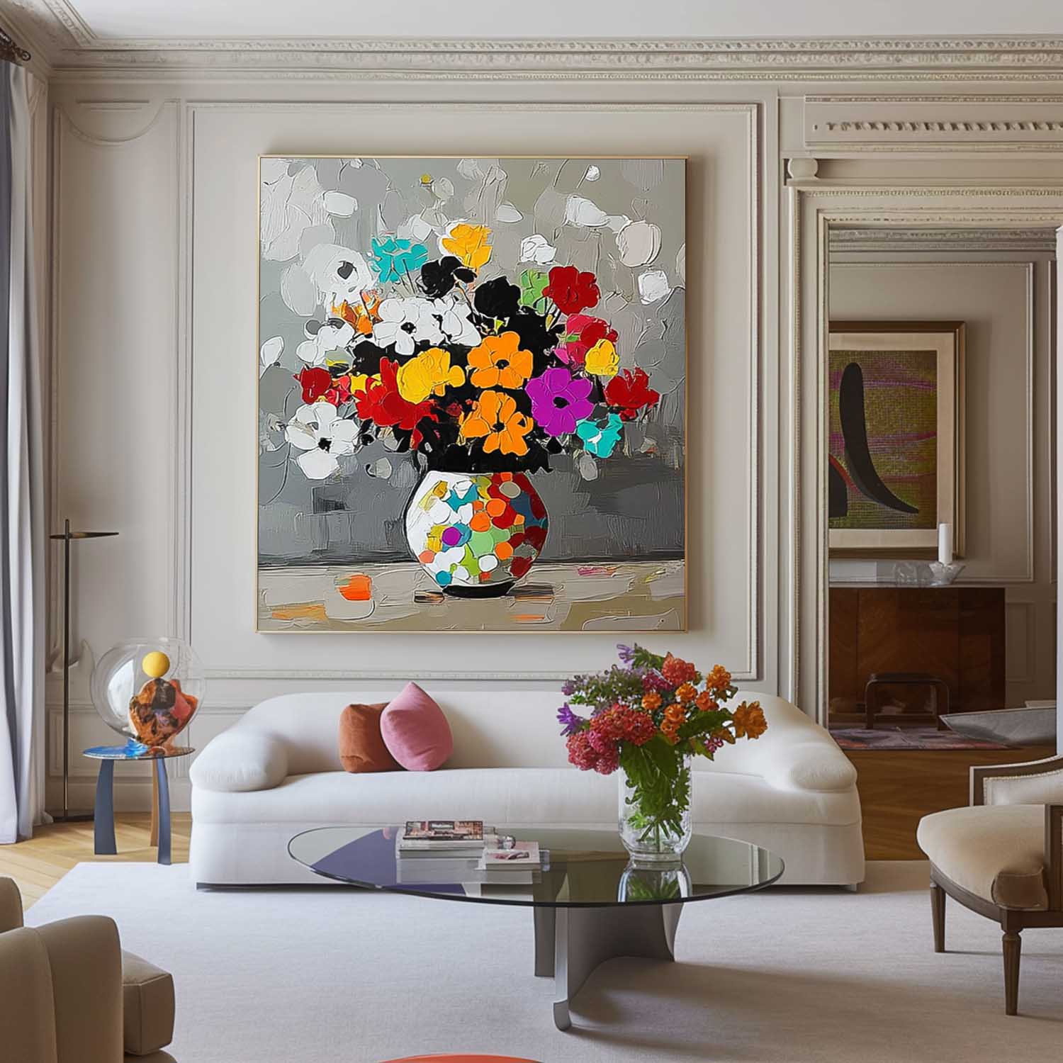 Original Flower Square Vase Artwork Floral Texture Painting on Canvas Large Color Handmade Wall Art