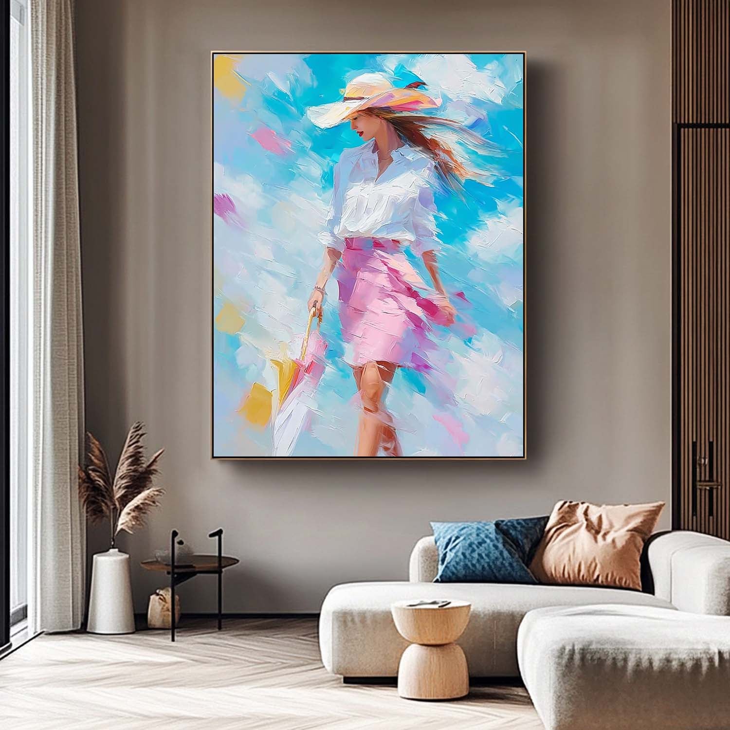 Large Vertical Fashion Wall Decor Urban Lady Style Canvas Sophisticated Gift Vibrant Urban Life Painting