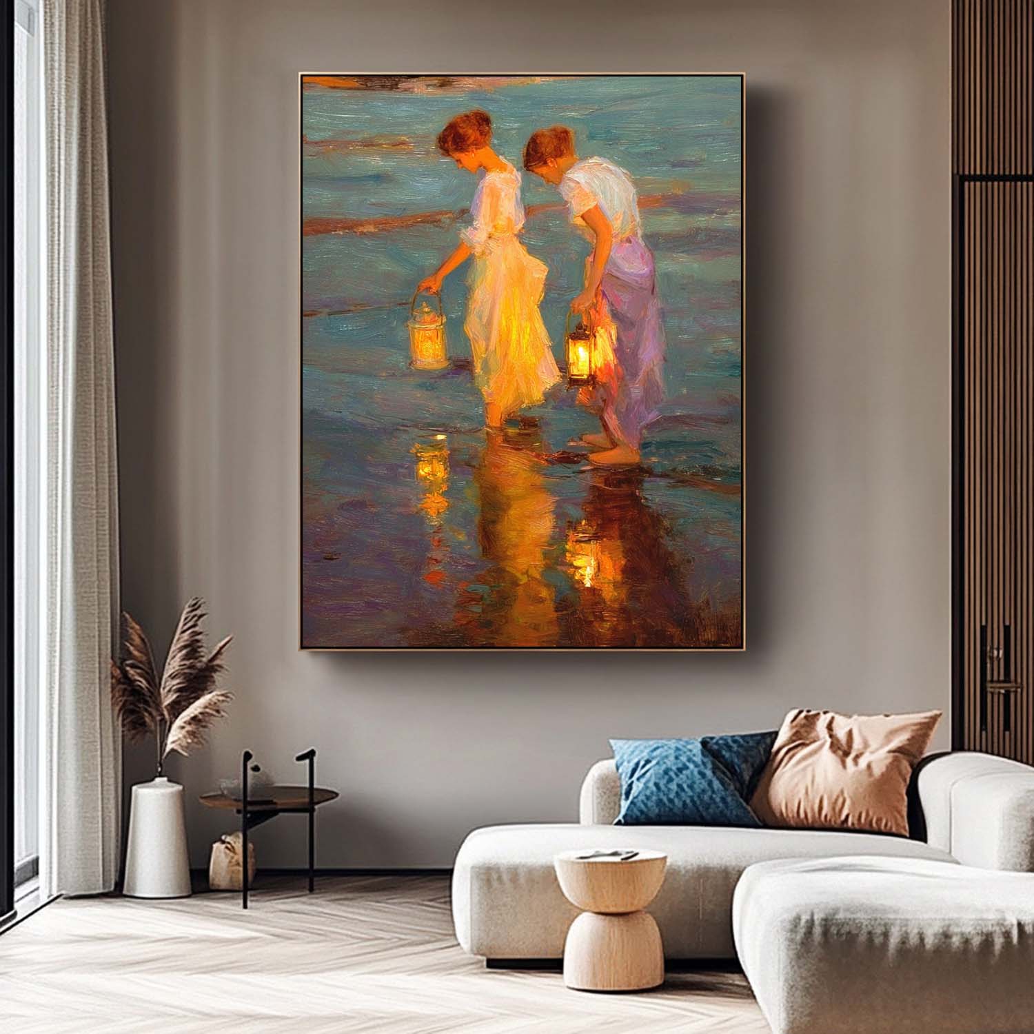 Coastal Oil Painting Two Women With Lanterns By Sea Shore At Dusk Vintage Glow & Water Reflections Wall Art
