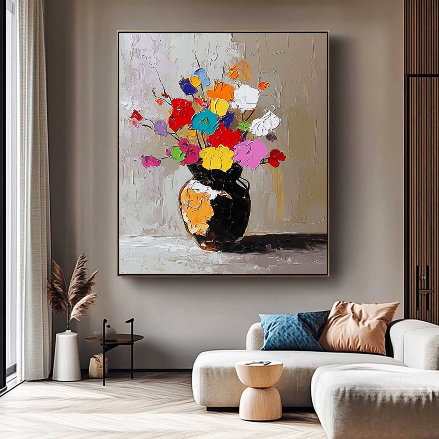 Color Flowers Acrylic Painting Canvas Original Floral Painting Large Textured Vase Art For Living Room