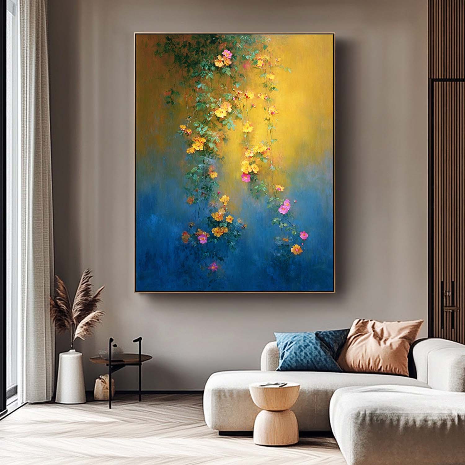 Abstract Bohemian Floral Oil Painting Hanging Vine Yellow Pink Flowers Canvas Wall Art Living Room Decor