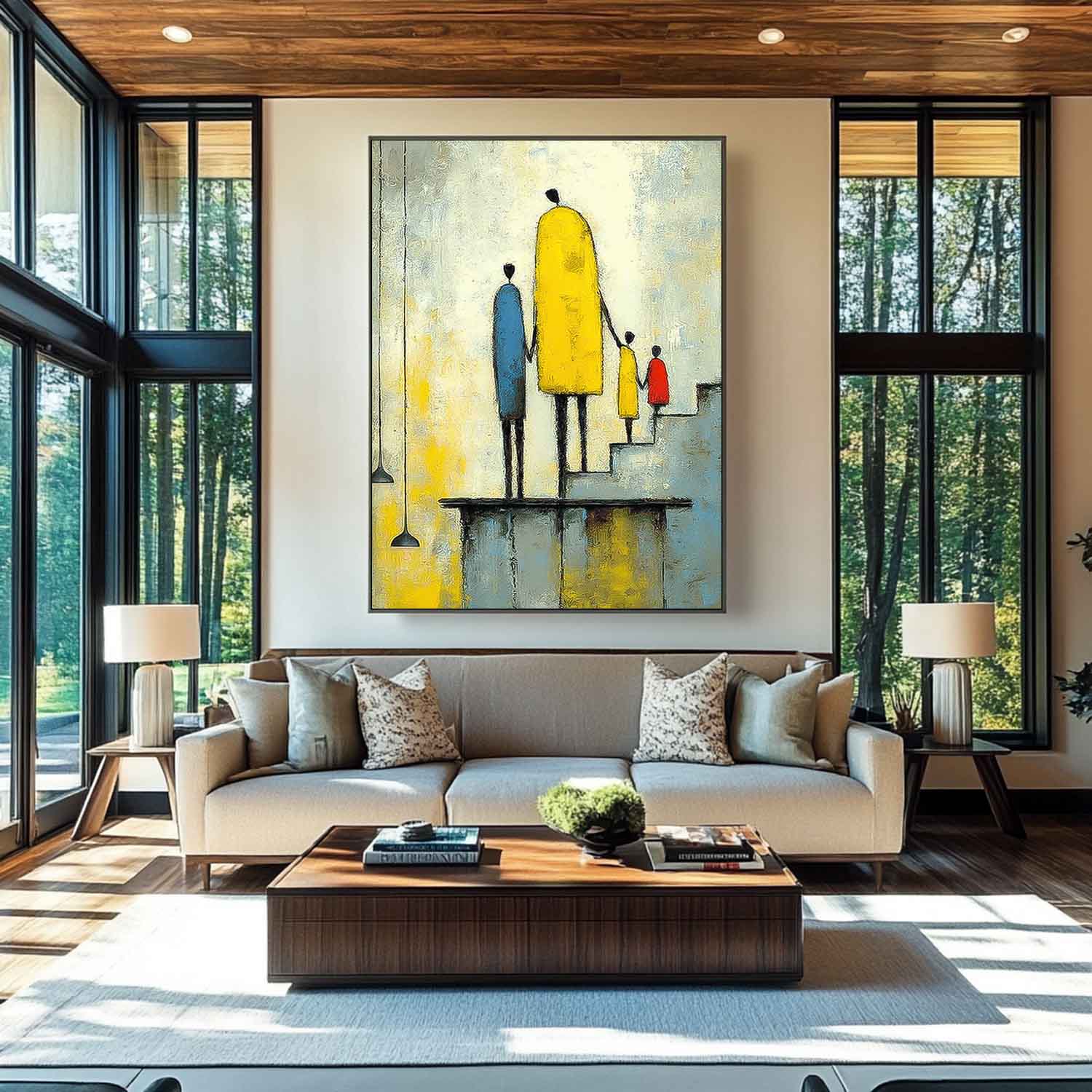 Original Neutral Background Oil Painting Minimalist Family Wall Art Modern City Silhouette Home Decor