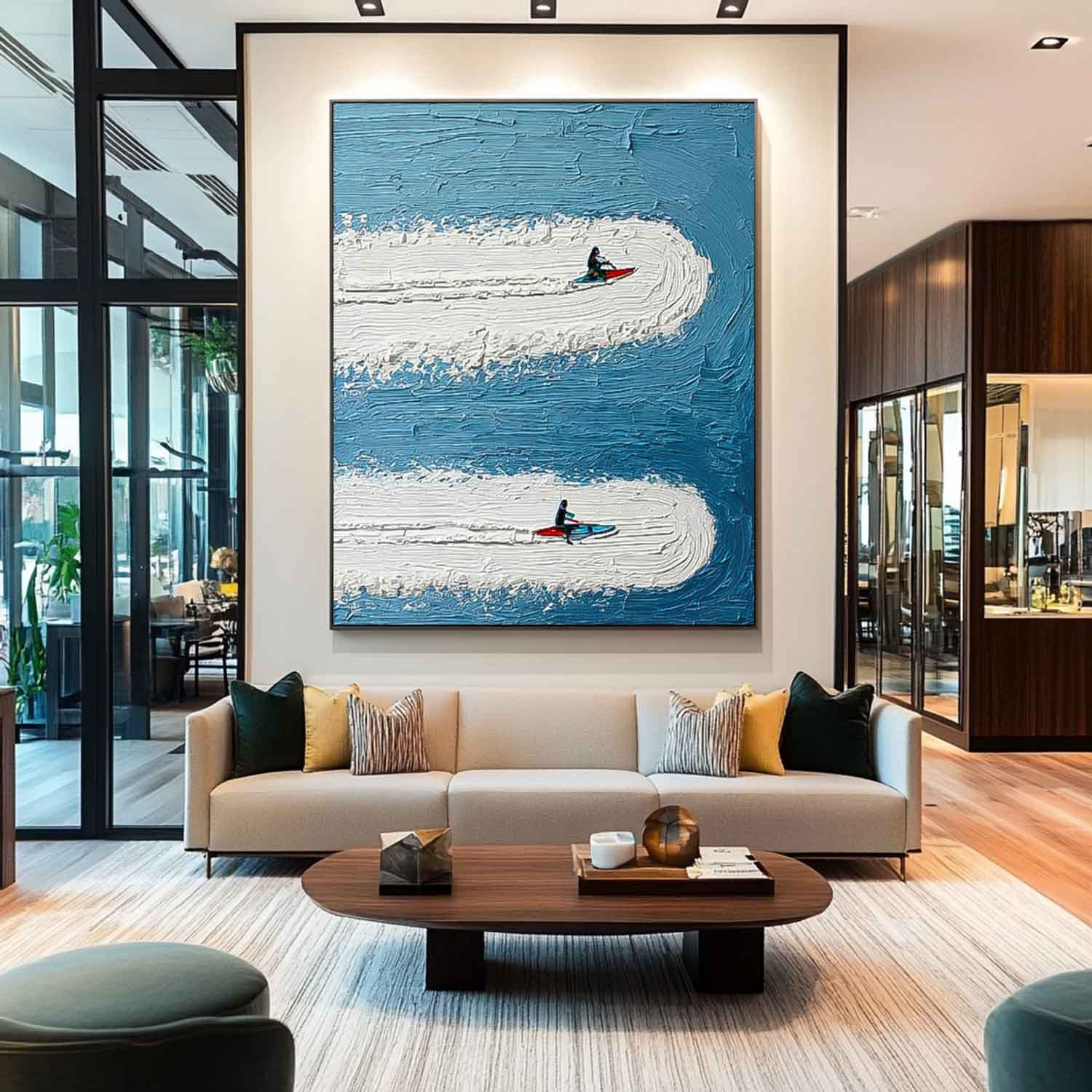 Minimalist Surfing Art Contemporary Ocean Painting Abstract Surfer Landscape Blue Ocean Wall Art Decor