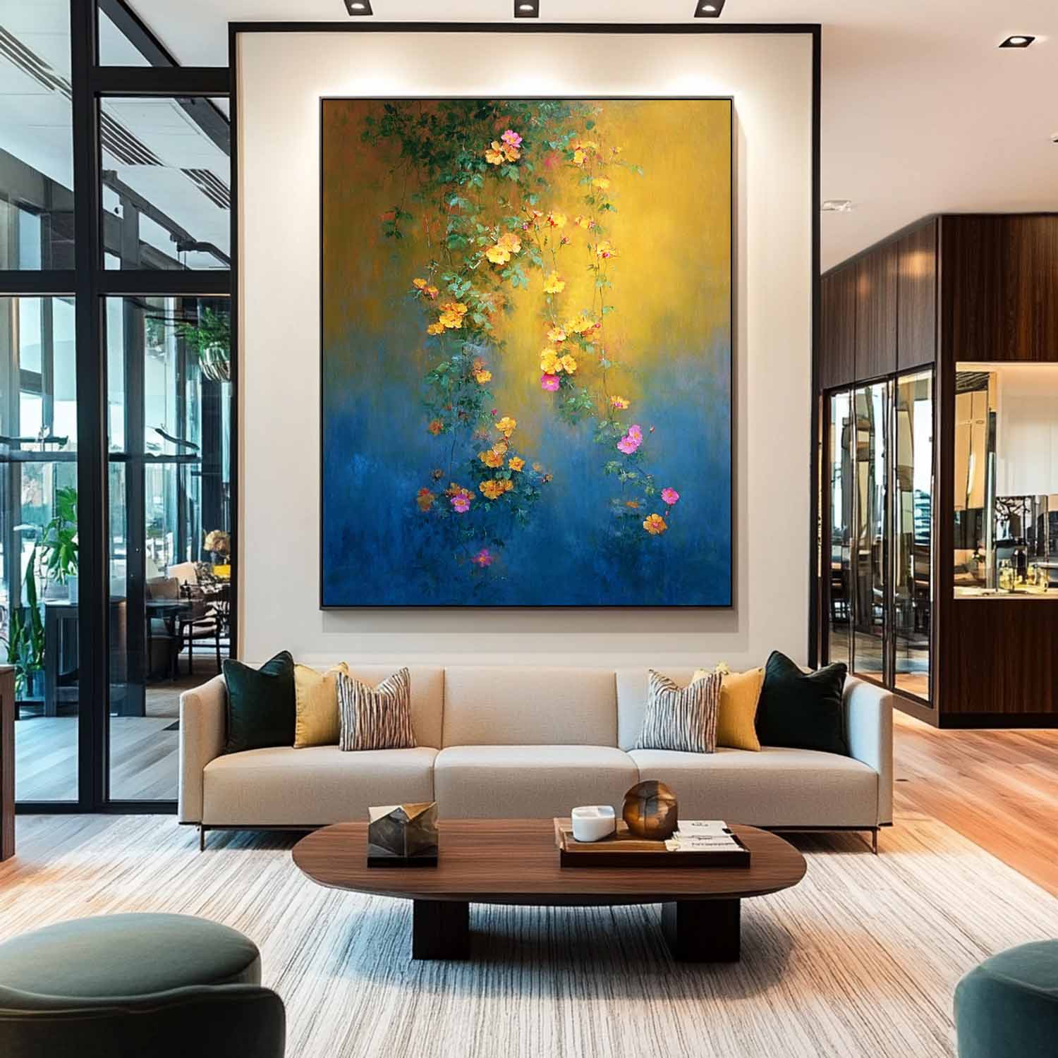 Abstract Bohemian Floral Oil Painting Hanging Vine Yellow Pink Flowers Canvas Wall Art Living Room Decor