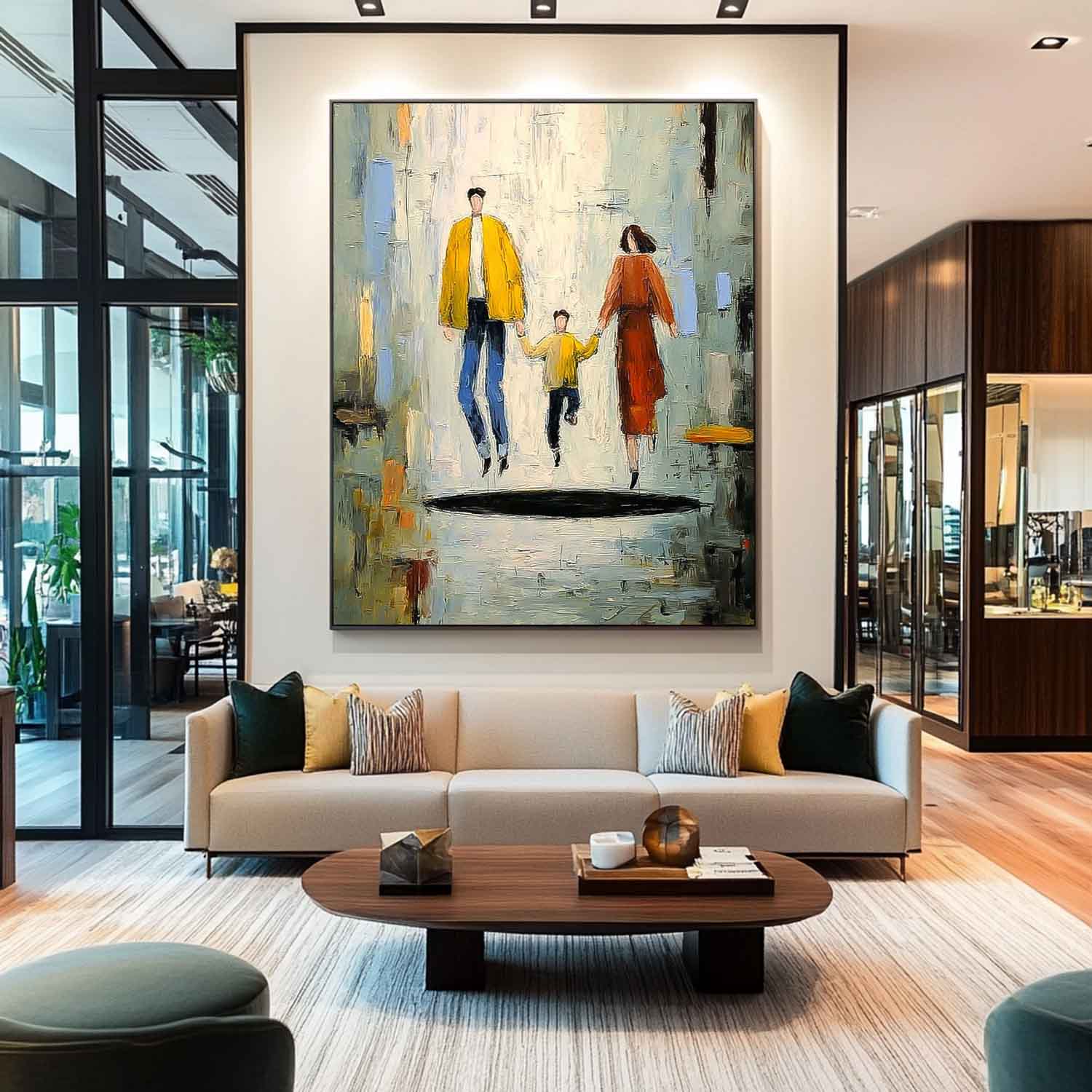 Minimalist Family Wall Art Modern City Silhouette Original Neutral Background Oil Painting Home Decor
