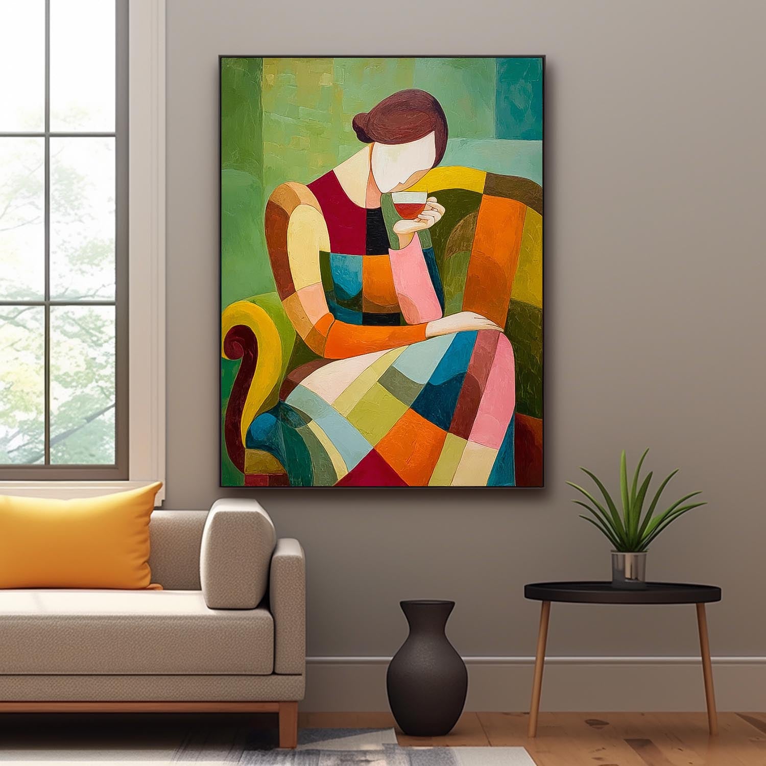 Original Elegant Woman Wall Art Abstract Lady Geometric Color Blocks Oil Painting Canvas Figure Artwork