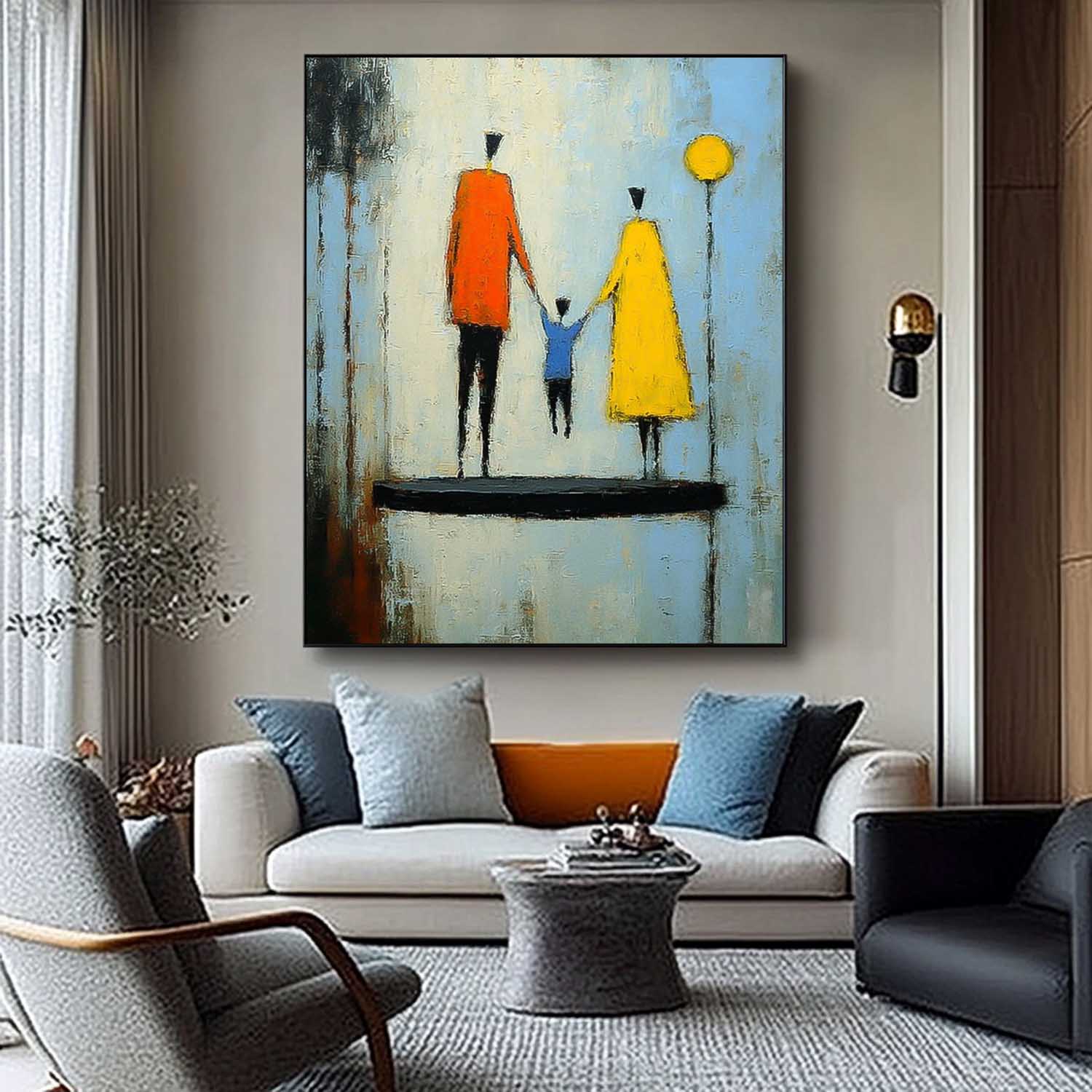Minimalist Family Wall Art Modern Neutral Background Framed Original City Silhouette Oil Painting 