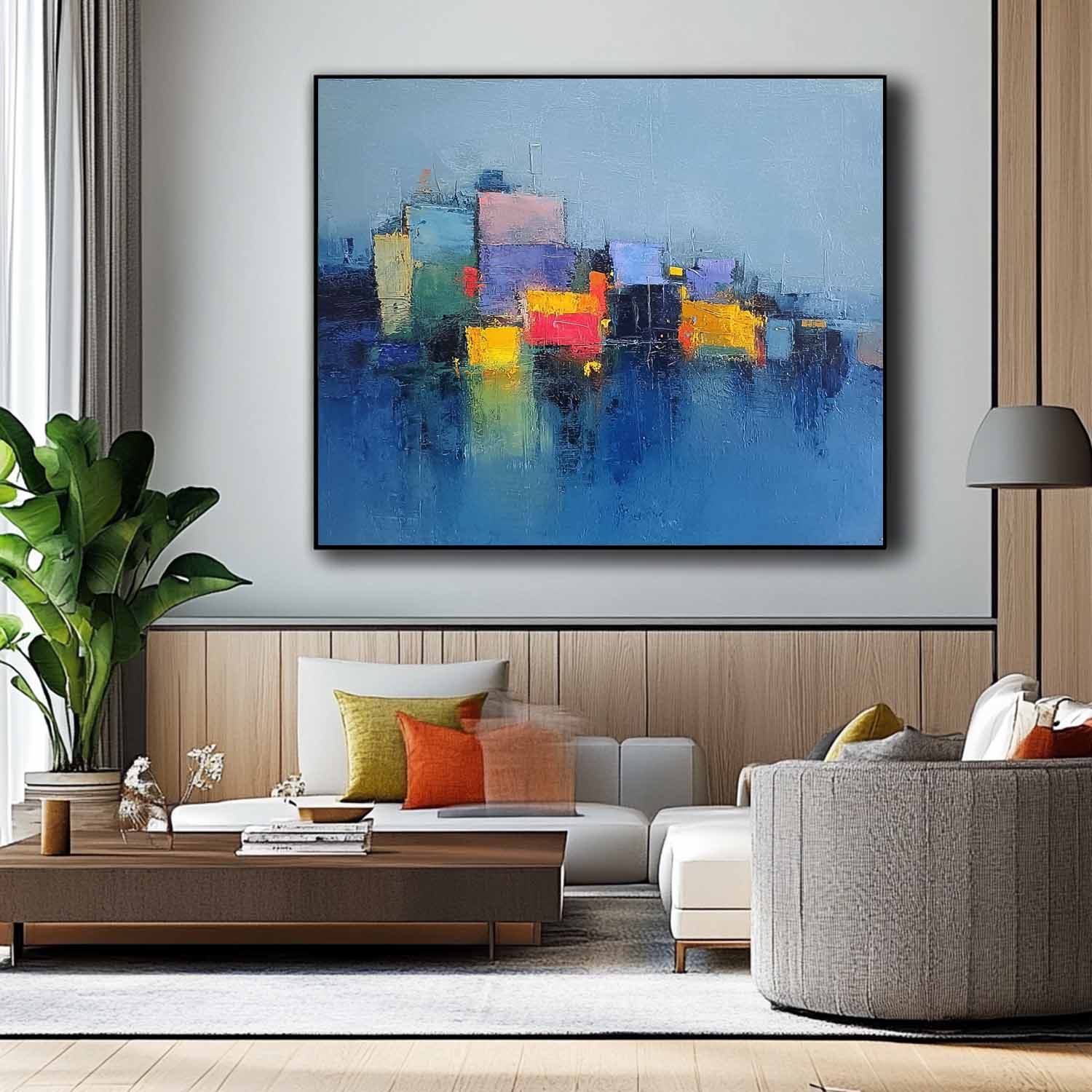 Modern Abstract Cityscape Oil Painting Large Texture Painting On Canvas Blue Wall Art Living Room Decor