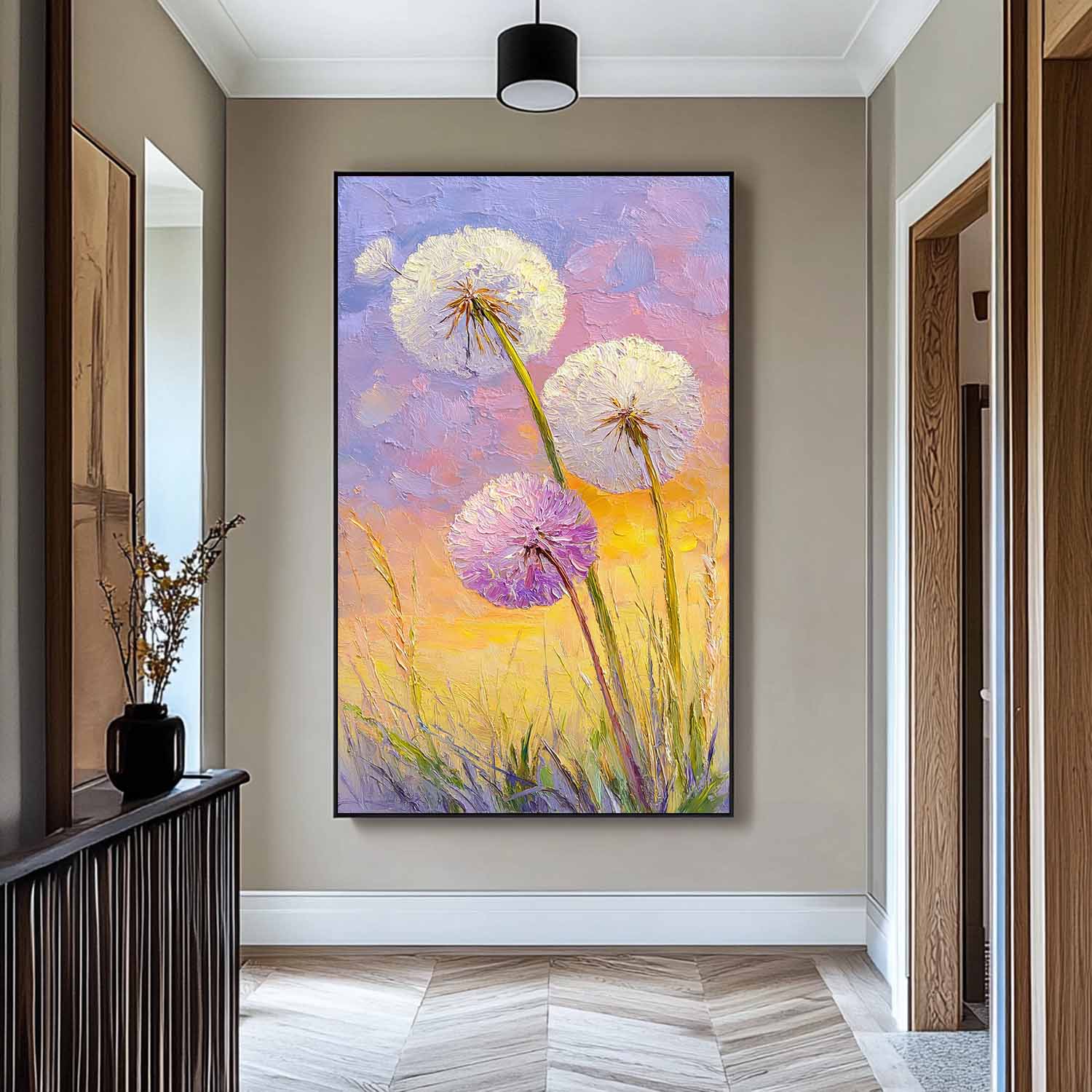 3D Palette Knife Textured Dandelion Oil Painting On Canvas Vertical Meadow Floral Wall Art For Home Decor