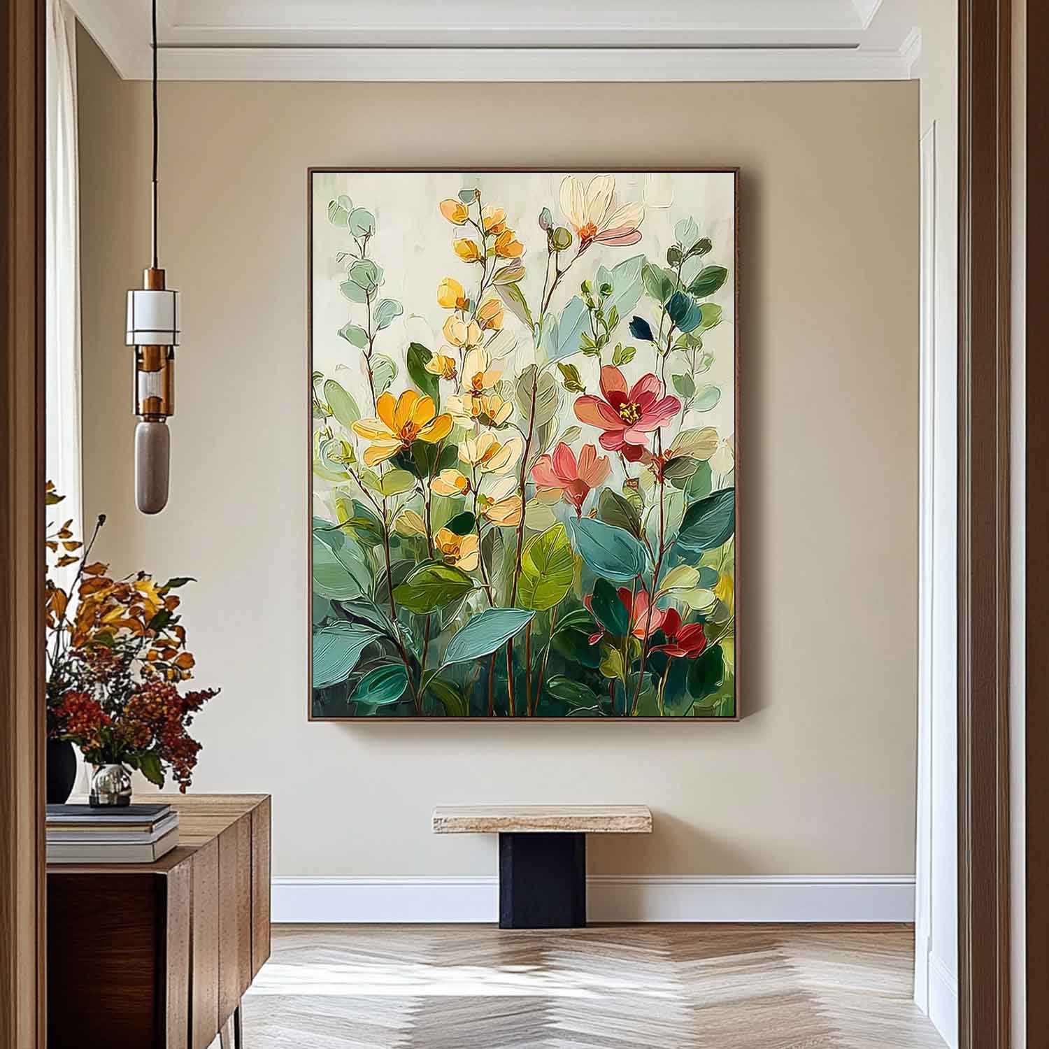 Large Flower Abstract Painting Canvas Original Green Artwork Texture Plant Wall Art For Living Room