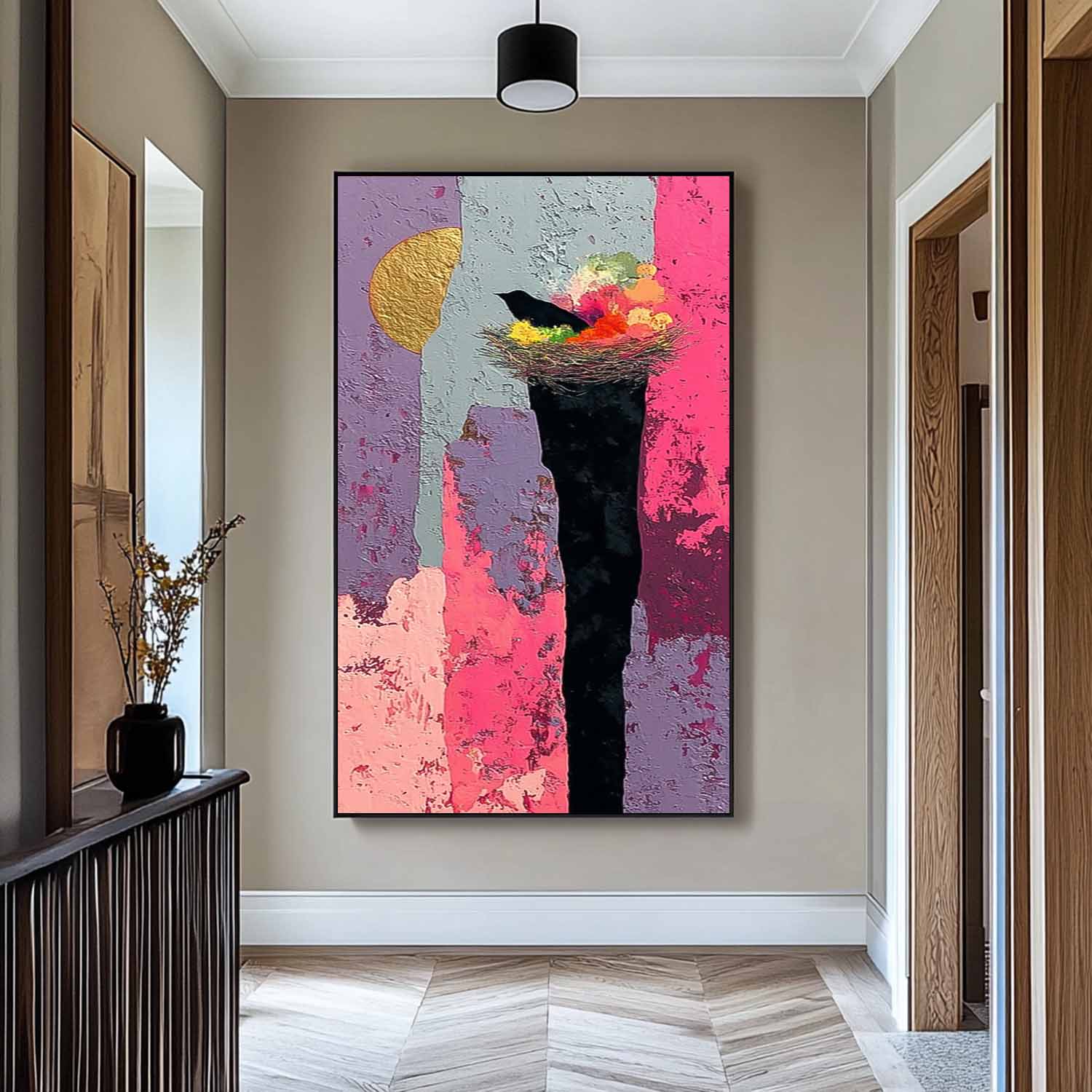 Large Abstract Bird's Nest And Contrasting Background Oil Painting Original Nature Wall Art Home Decor