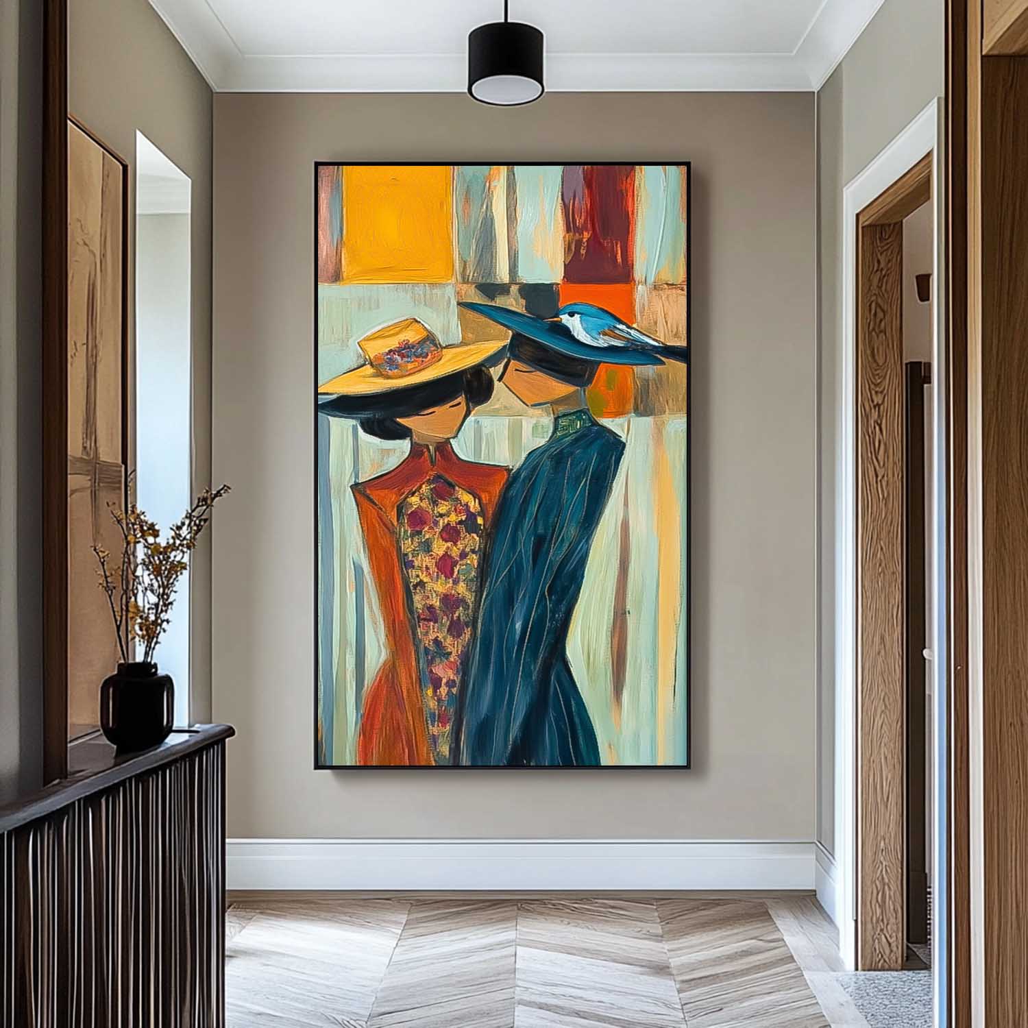 Original Two Fgures Wearing Hats Are Depicted Wall Art Large Painting Framed Abstract Figures Artwork