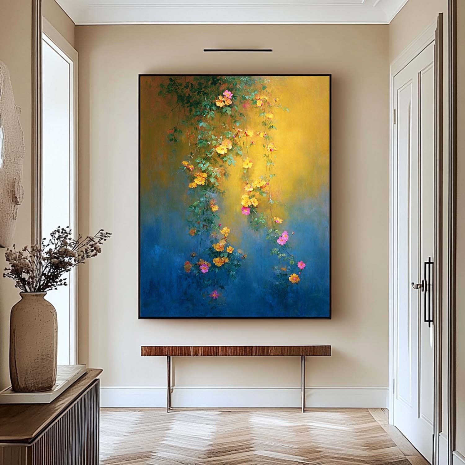 Abstract Bohemian Floral Oil Painting Hanging Vine Yellow Pink Flowers Canvas Wall Art Living Room Decor