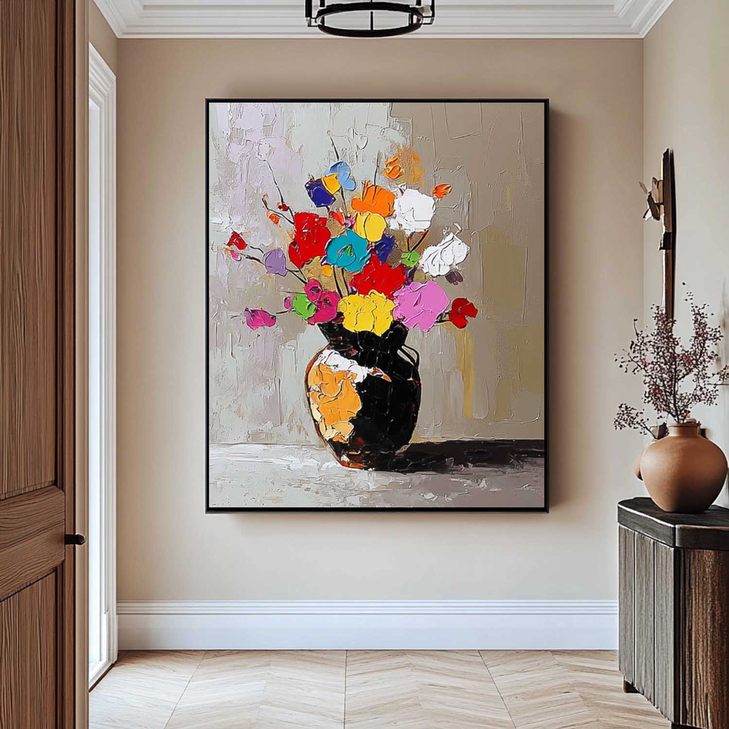 Color Flowers Acrylic Painting Canvas Original Floral Painting Large Textured Vase Art For Living Room