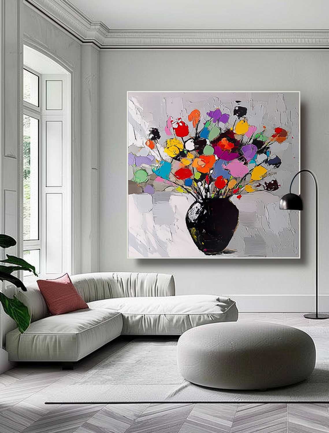 Large Color Handmade Wall Art Original Abstract Flower Vase Artwork Floral Texture Painting On Canvas
