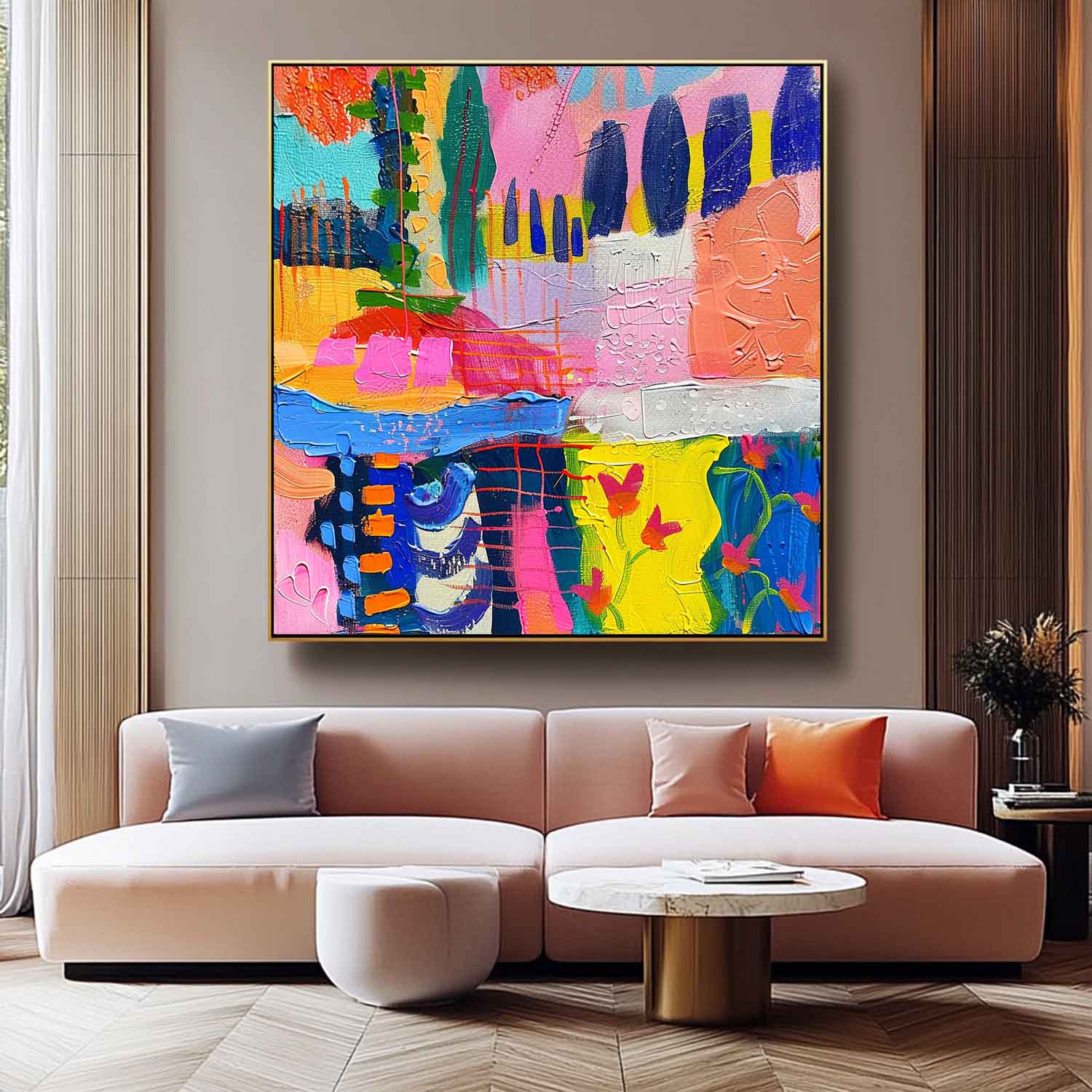 Modern Textured Artwork Colorful Original Square Canvas Wall Art Large Graffiti Abstract Oil Painting