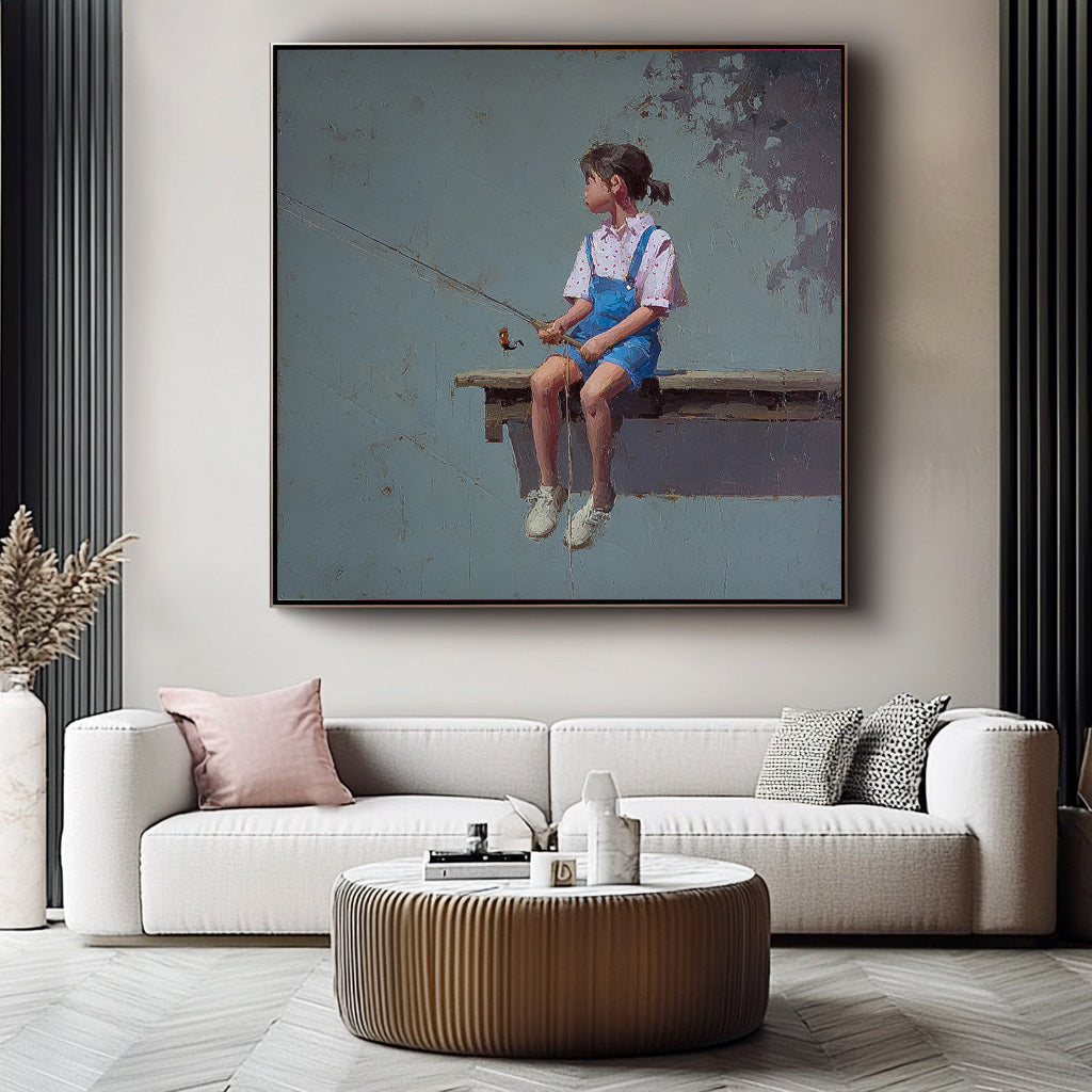 Abstract Warm atmosphere Art Original Grey Wall Art Minimalist Girl Fishing Painting For Living Room