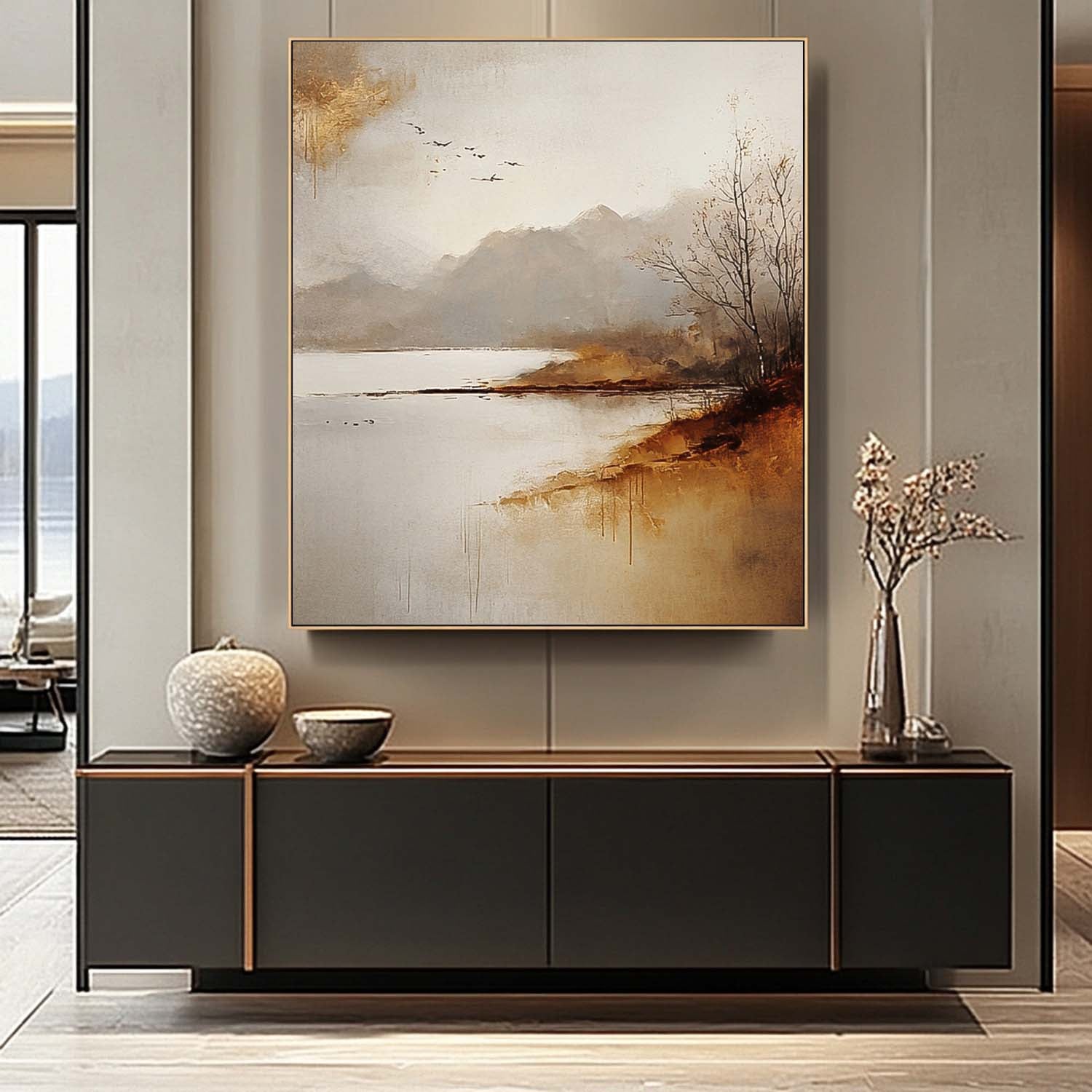 Large Minimalism Wall Art Vllage Landscape Artwork Abstract Scenery Oil Painting Framed Home Decor